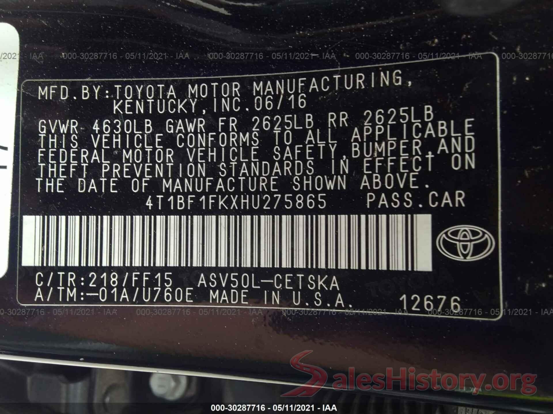 4T1BF1FKXHU275865 2017 TOYOTA CAMRY