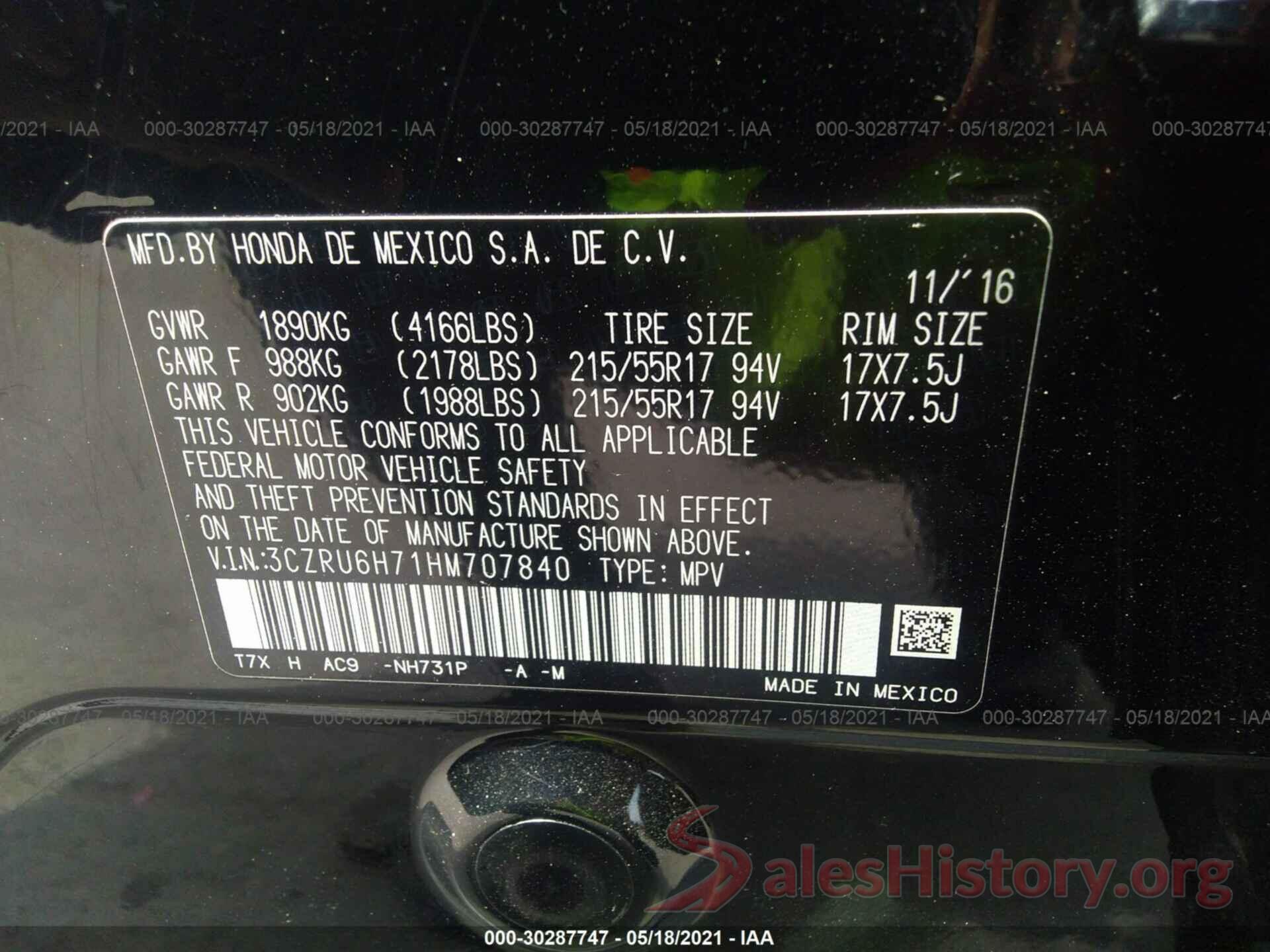 3CZRU6H71HM707840 2017 HONDA HR-V