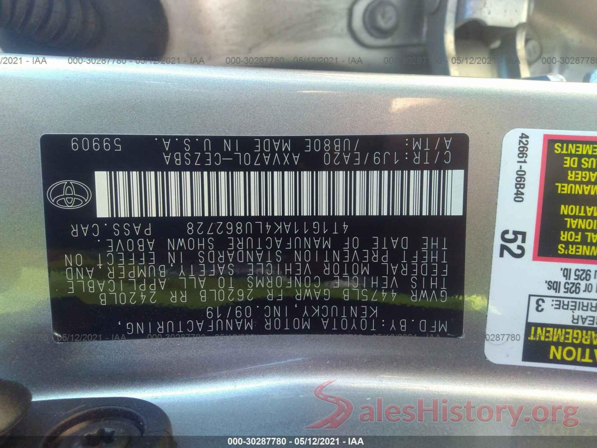 4T1G11AK4LU862728 2020 TOYOTA CAMRY