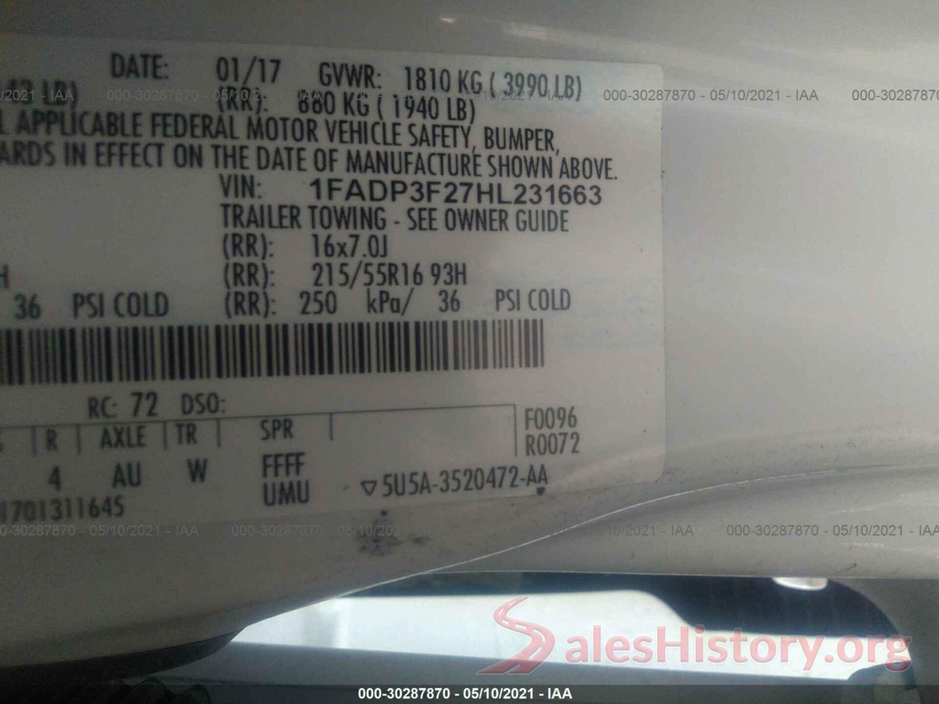 1FADP3F27HL231663 2017 FORD FOCUS