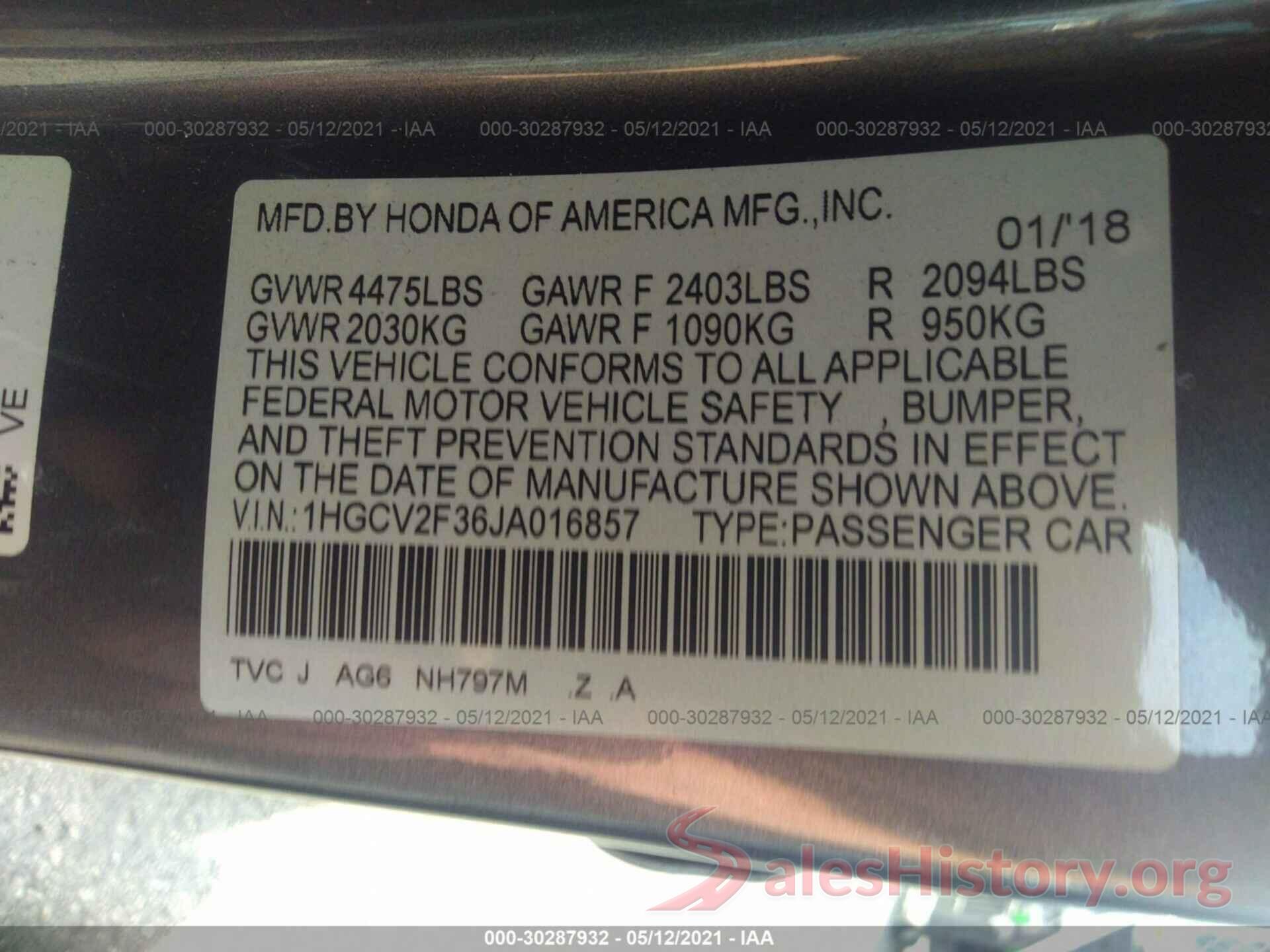 1HGCV2F36JA016857 2018 HONDA ACCORD SEDAN