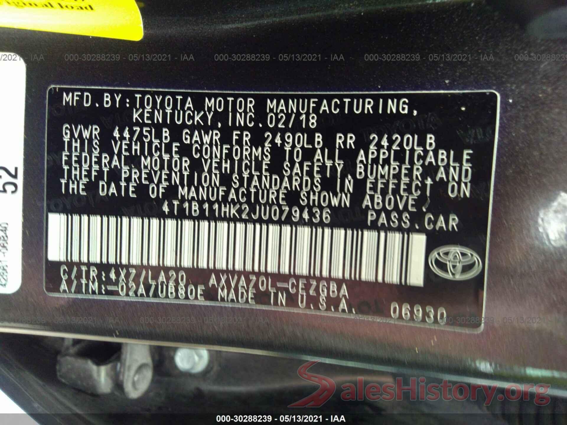 4T1B11HK2JU079436 2018 TOYOTA CAMRY