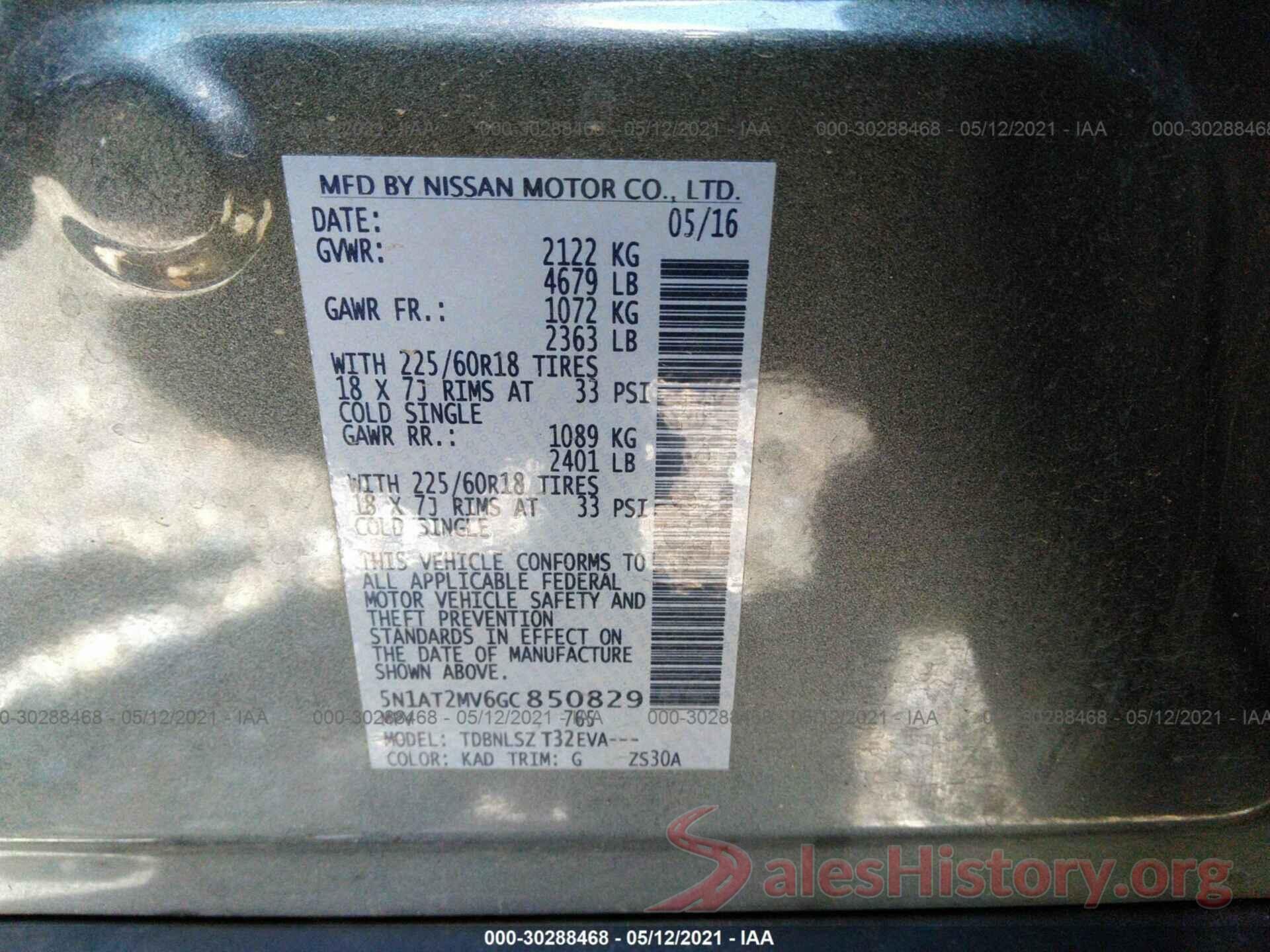 5N1AT2MV6GC850829 2016 NISSAN ROGUE