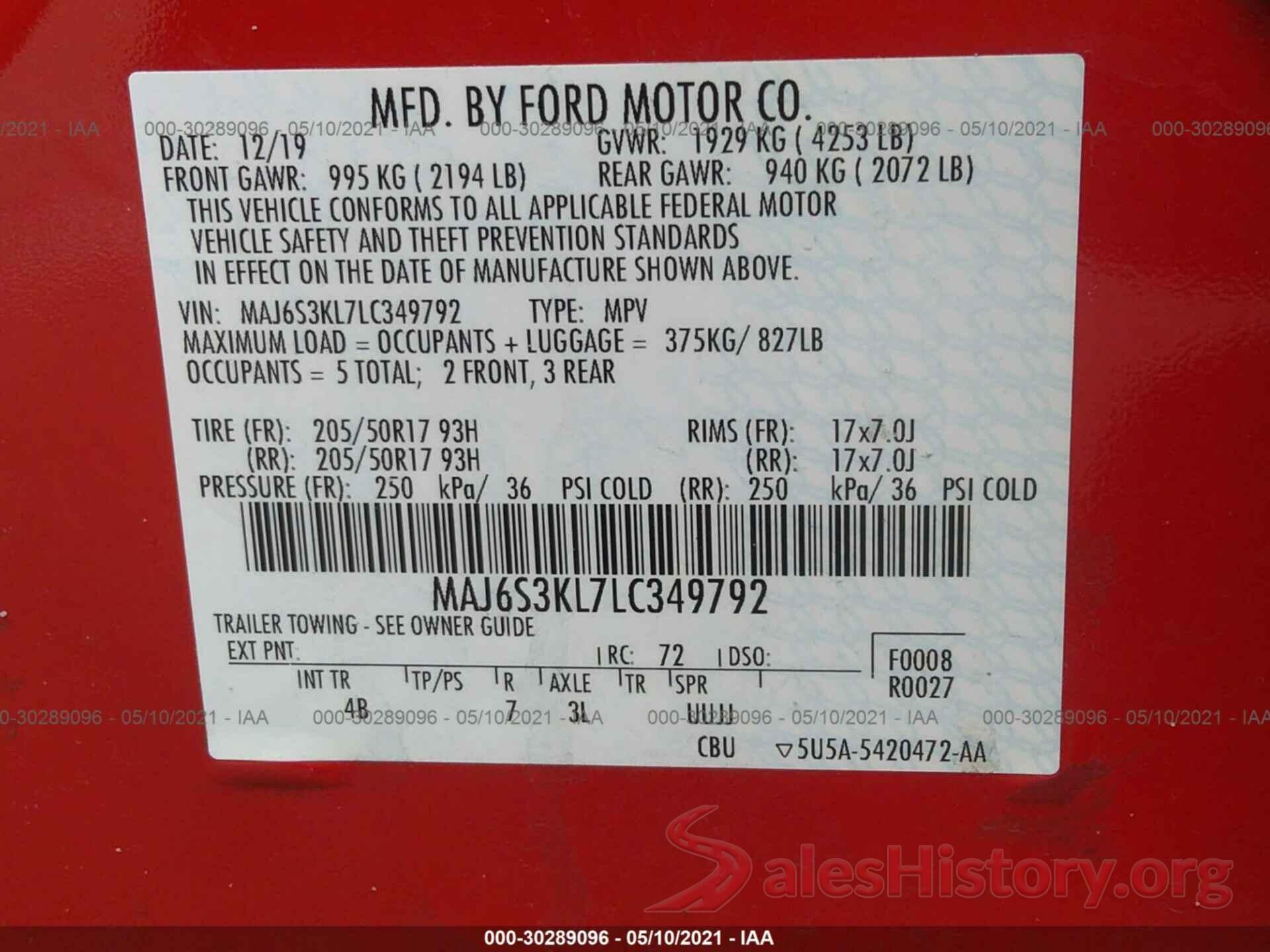 MAJ6S3KL7LC349792 2020 FORD ECOSPORT