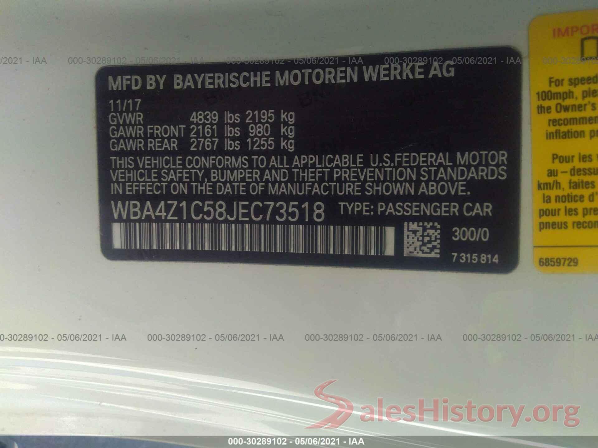 WBA4Z1C58JEC73518 2018 BMW 4 SERIES