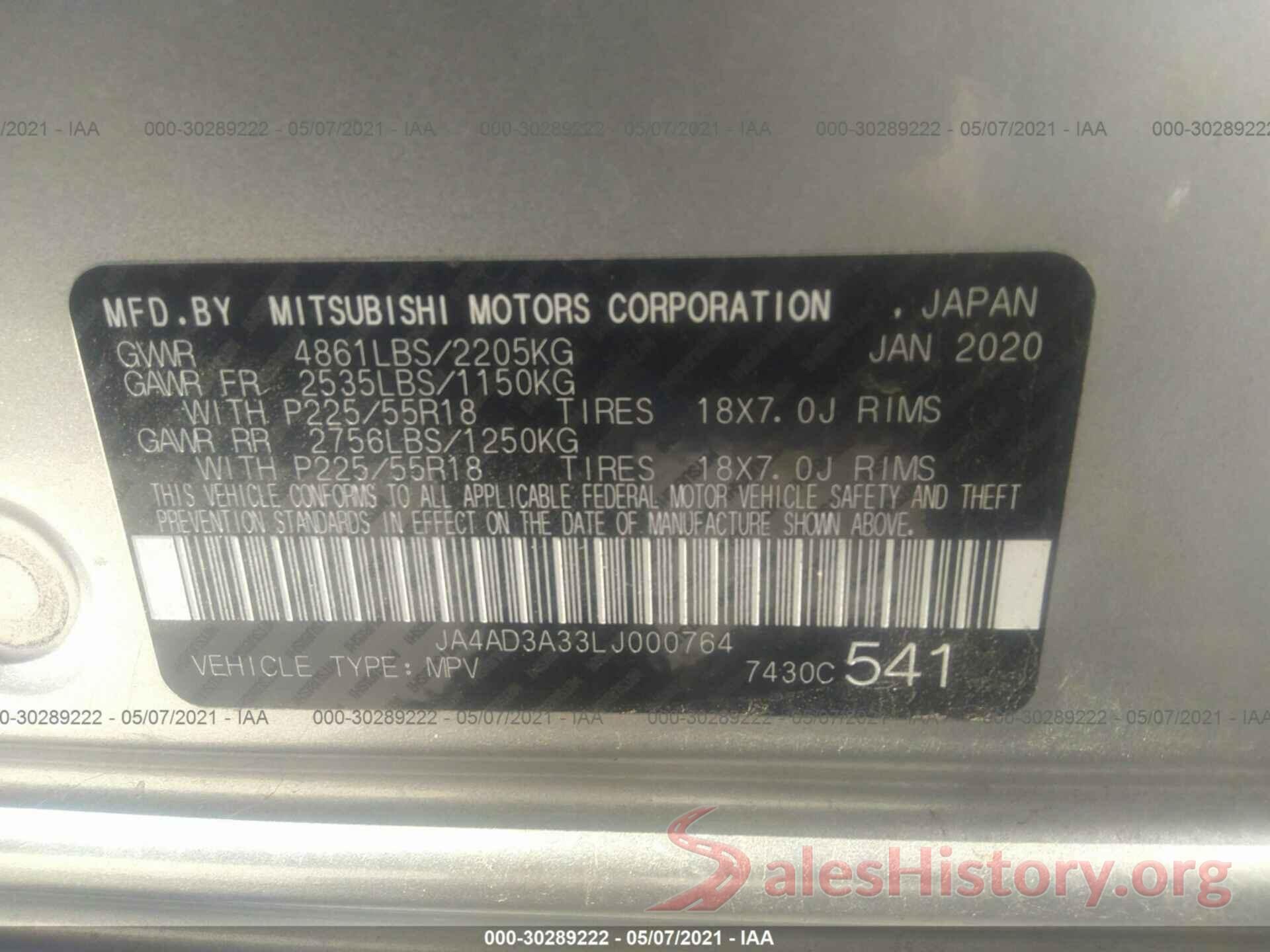 JA4AD3A33LJ000764 2020 MITSUBISHI OUTLANDER