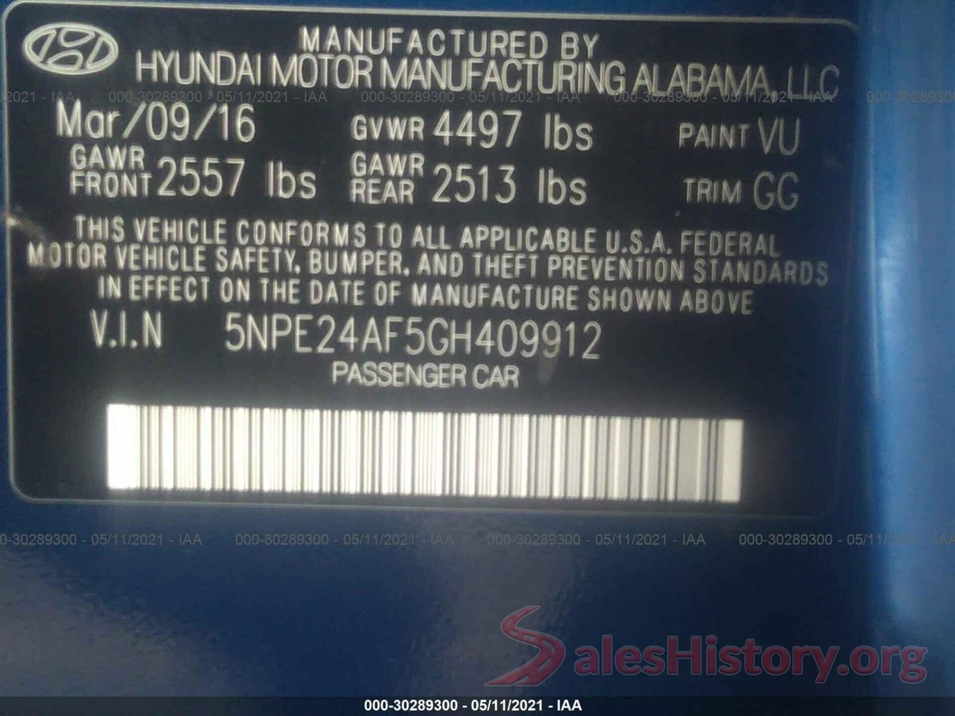 5NPE24AF5GH409912 2016 HYUNDAI SONATA