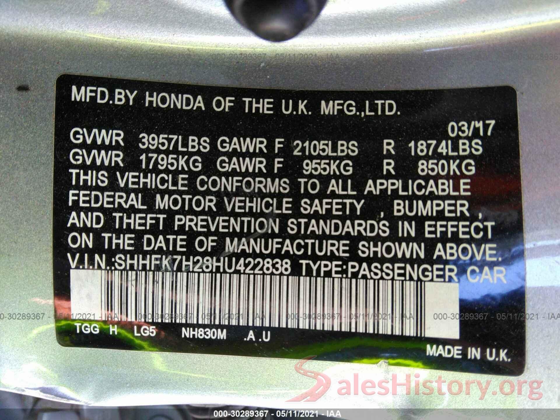 SHHFK7H28HU422838 2017 HONDA CIVIC HATCHBACK