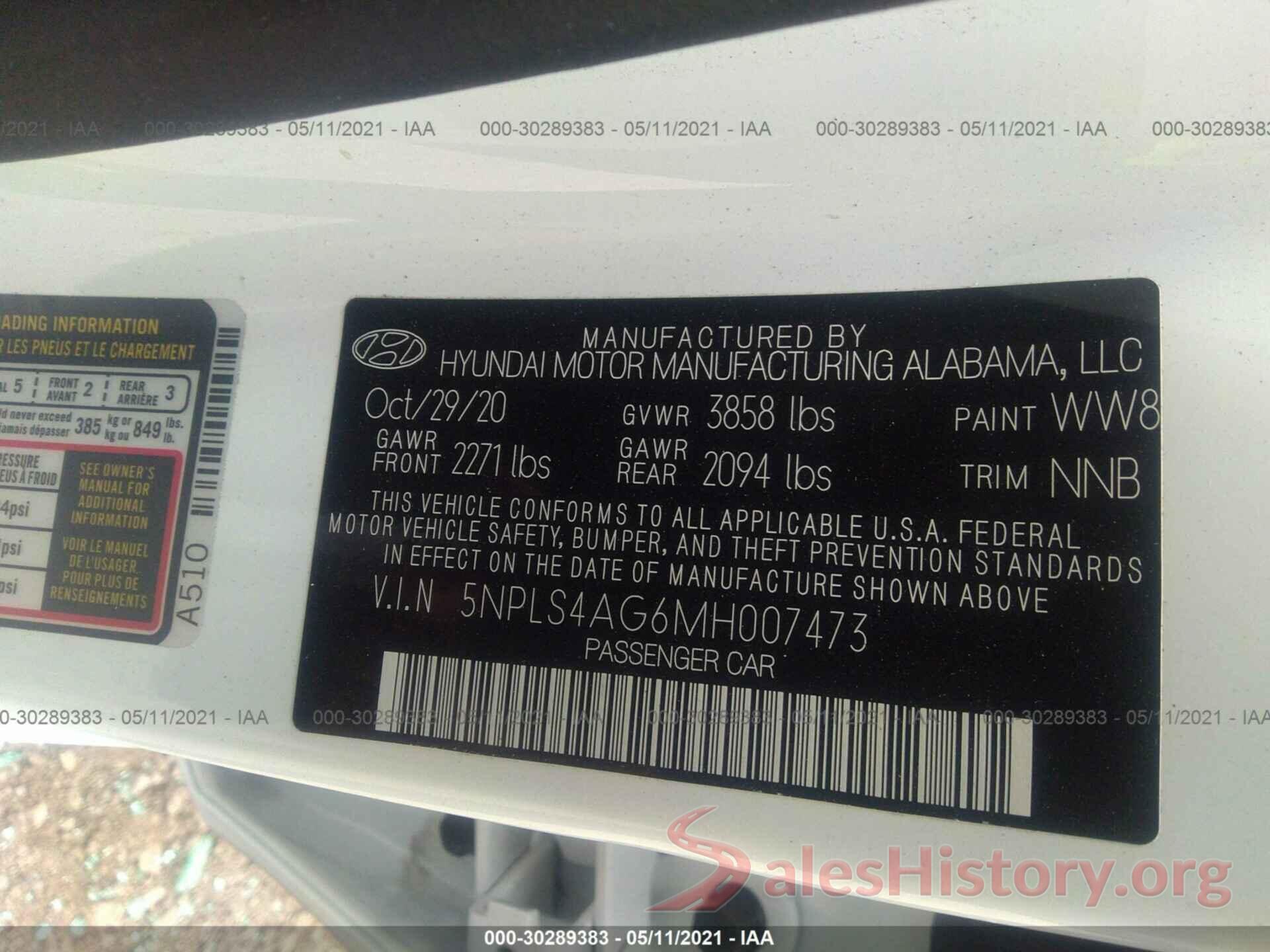 5NPLS4AG6MH007473 2021 HYUNDAI ELANTRA