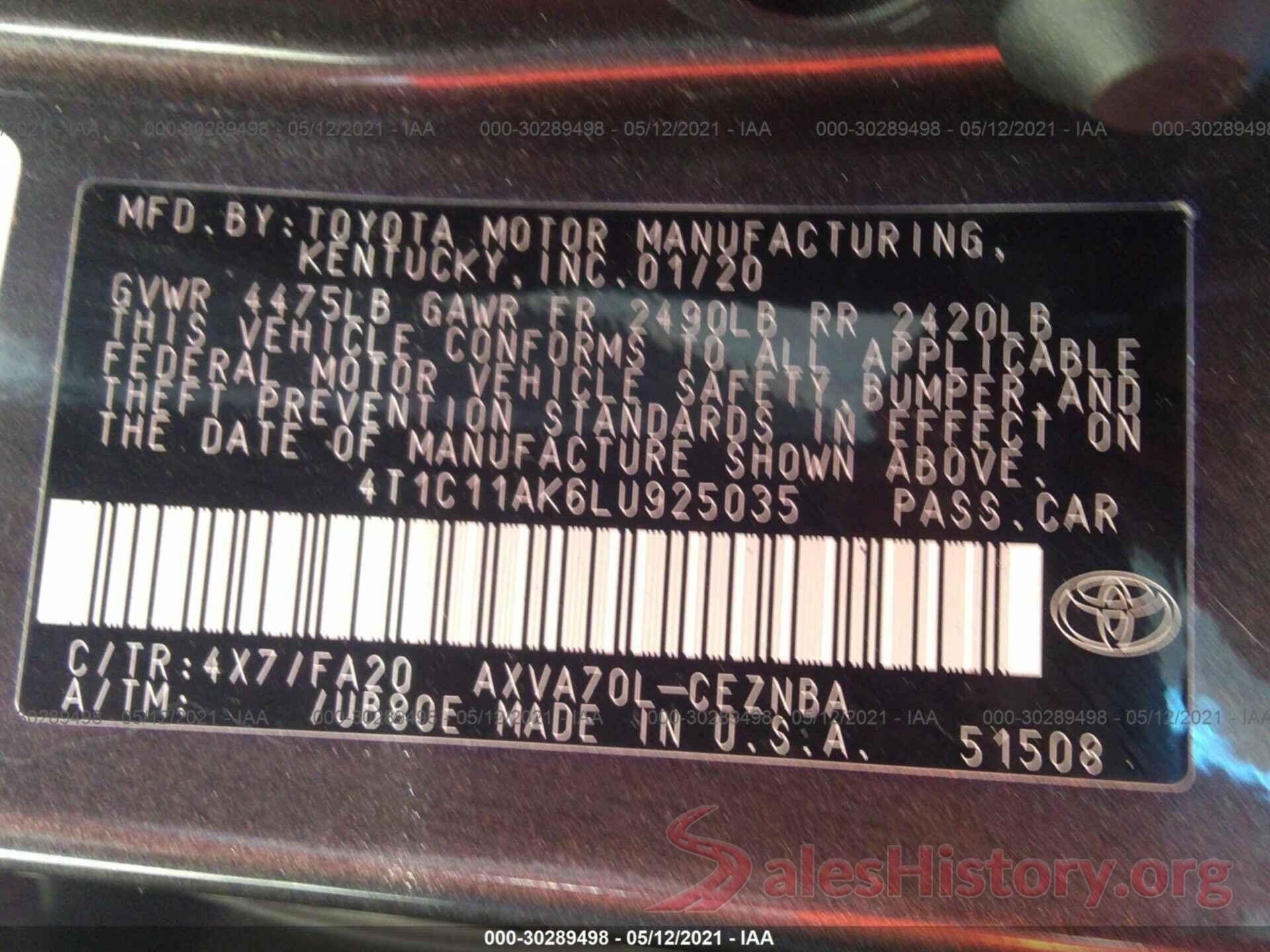 4T1C11AK6LU925035 2020 TOYOTA CAMRY