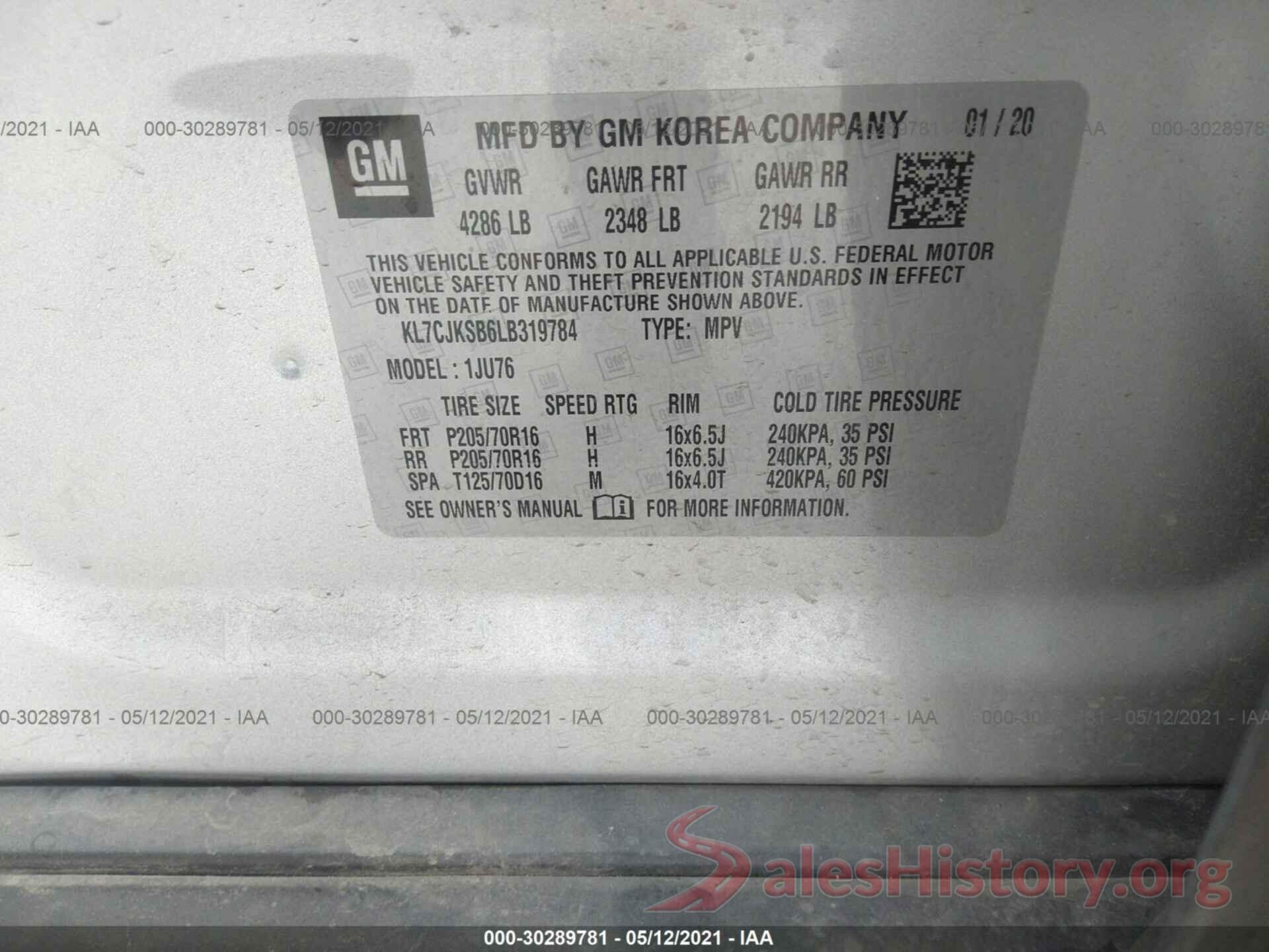 KL7CJKSB6LB319784 2020 CHEVROLET TRAX