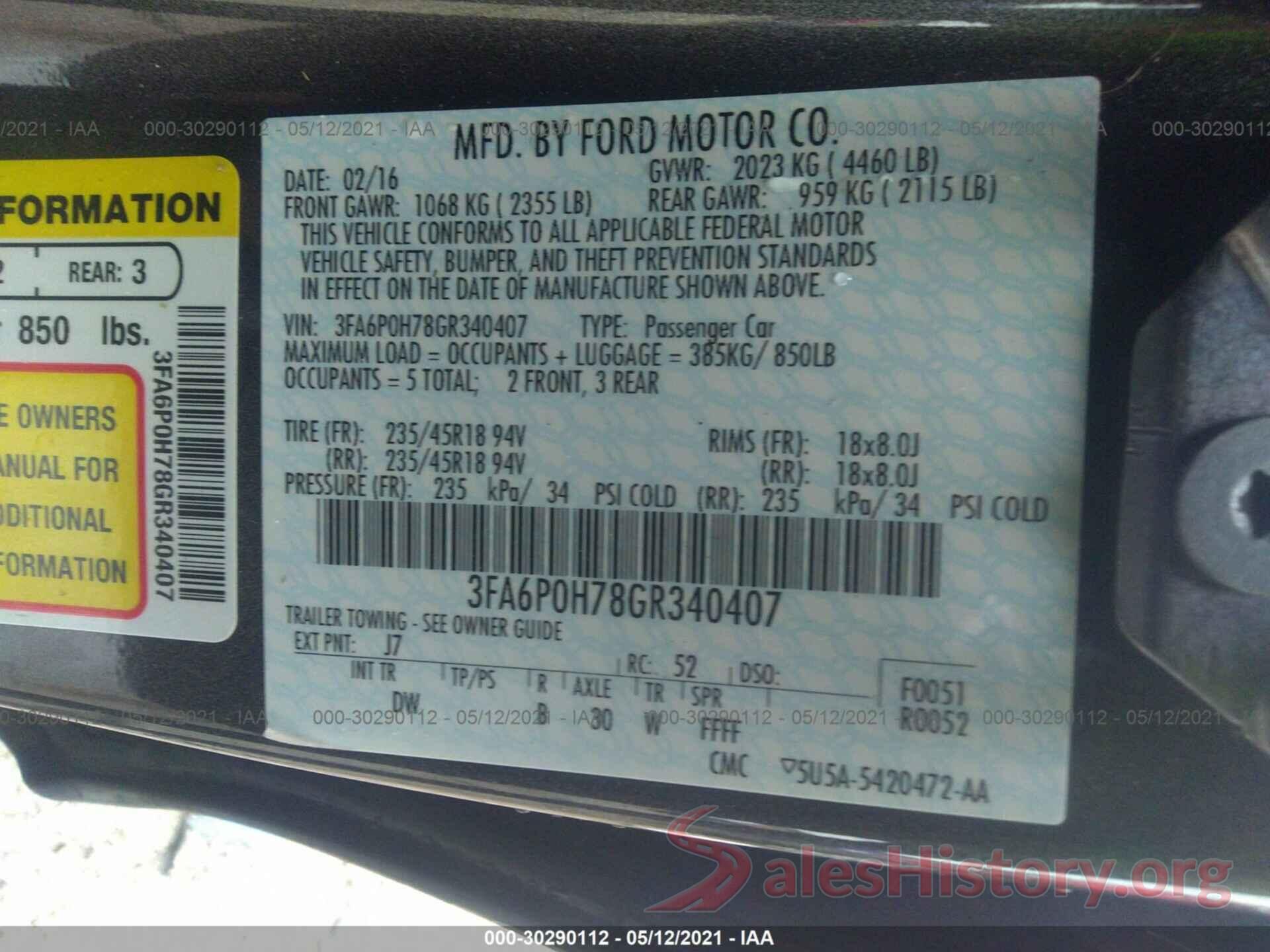 3FA6P0H78GR340407 2016 FORD FUSION