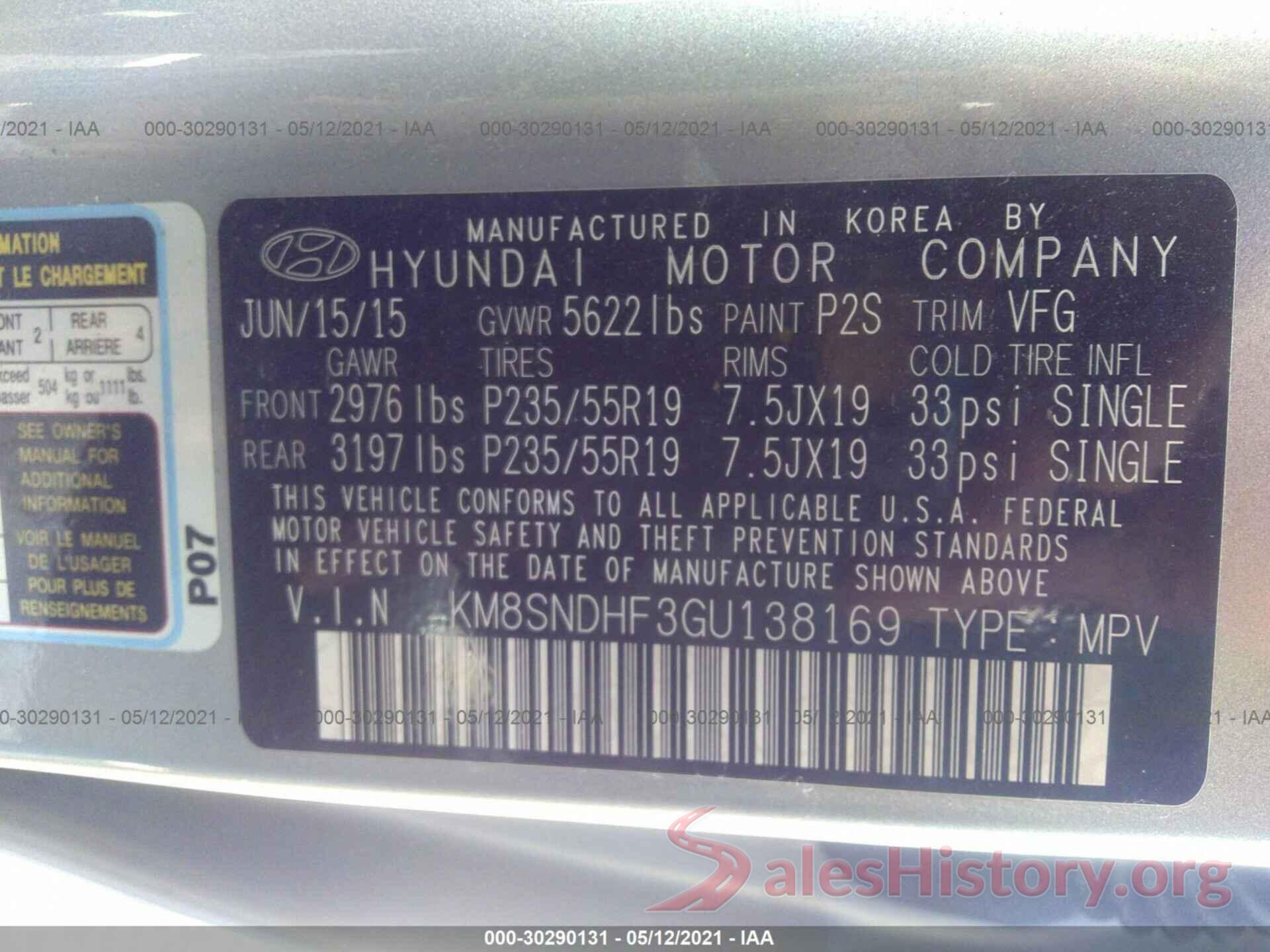 KM8SNDHF3GU138169 2016 HYUNDAI SANTA FE