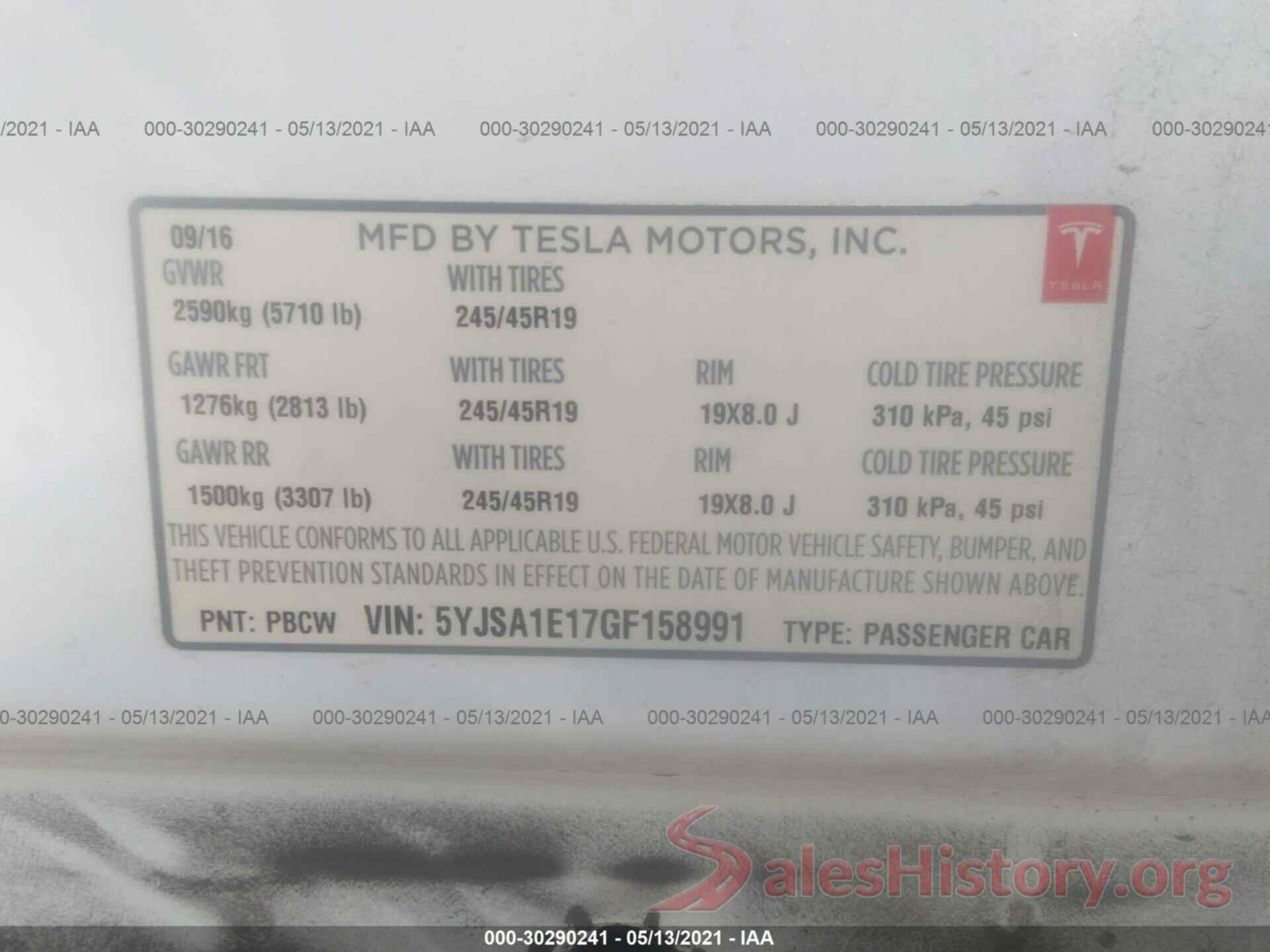 5YJSA1E17GF158991 2016 TESLA MODEL S