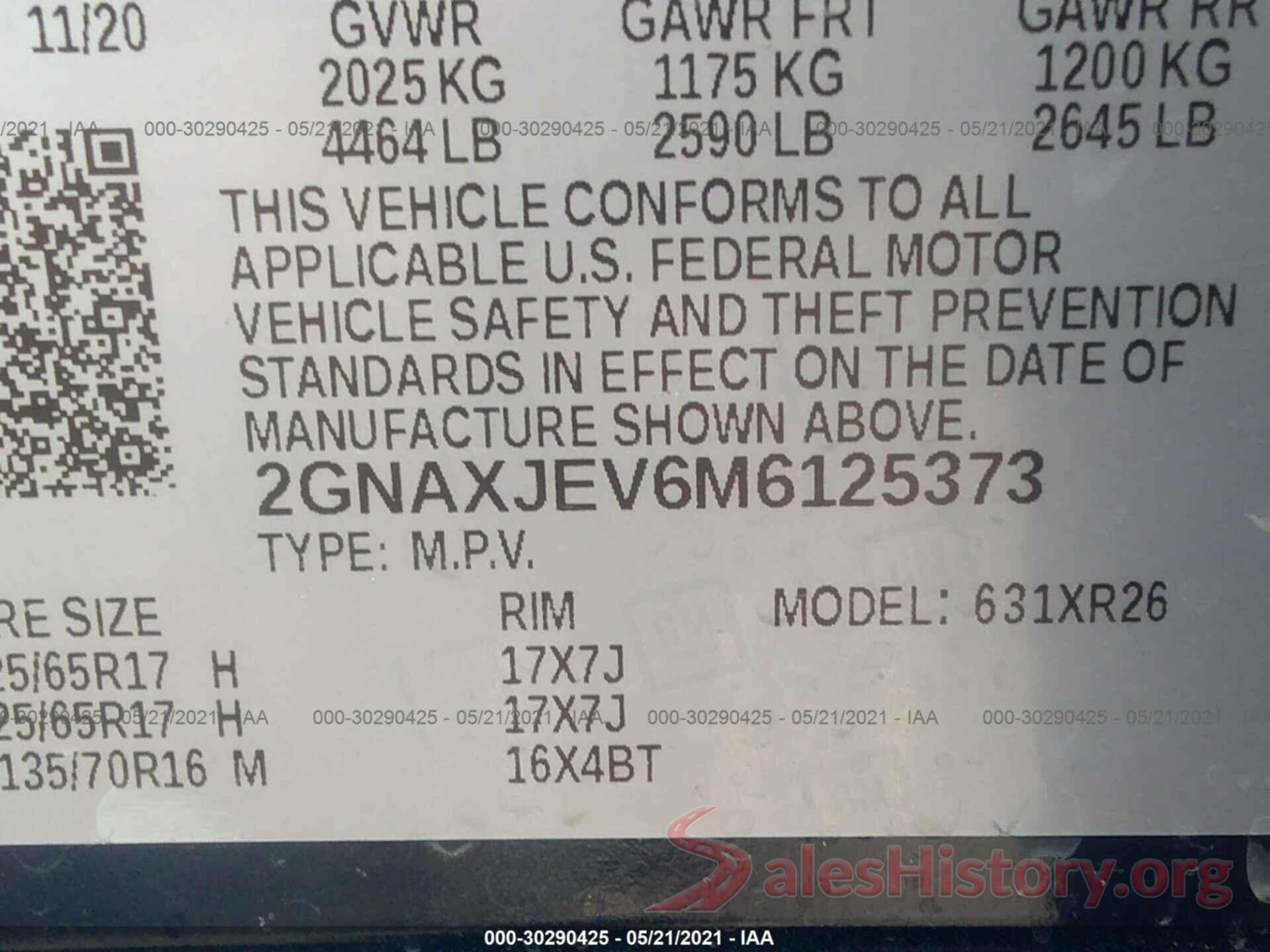 2GNAXJEV6M6125373 2021 CHEVROLET EQUINOX