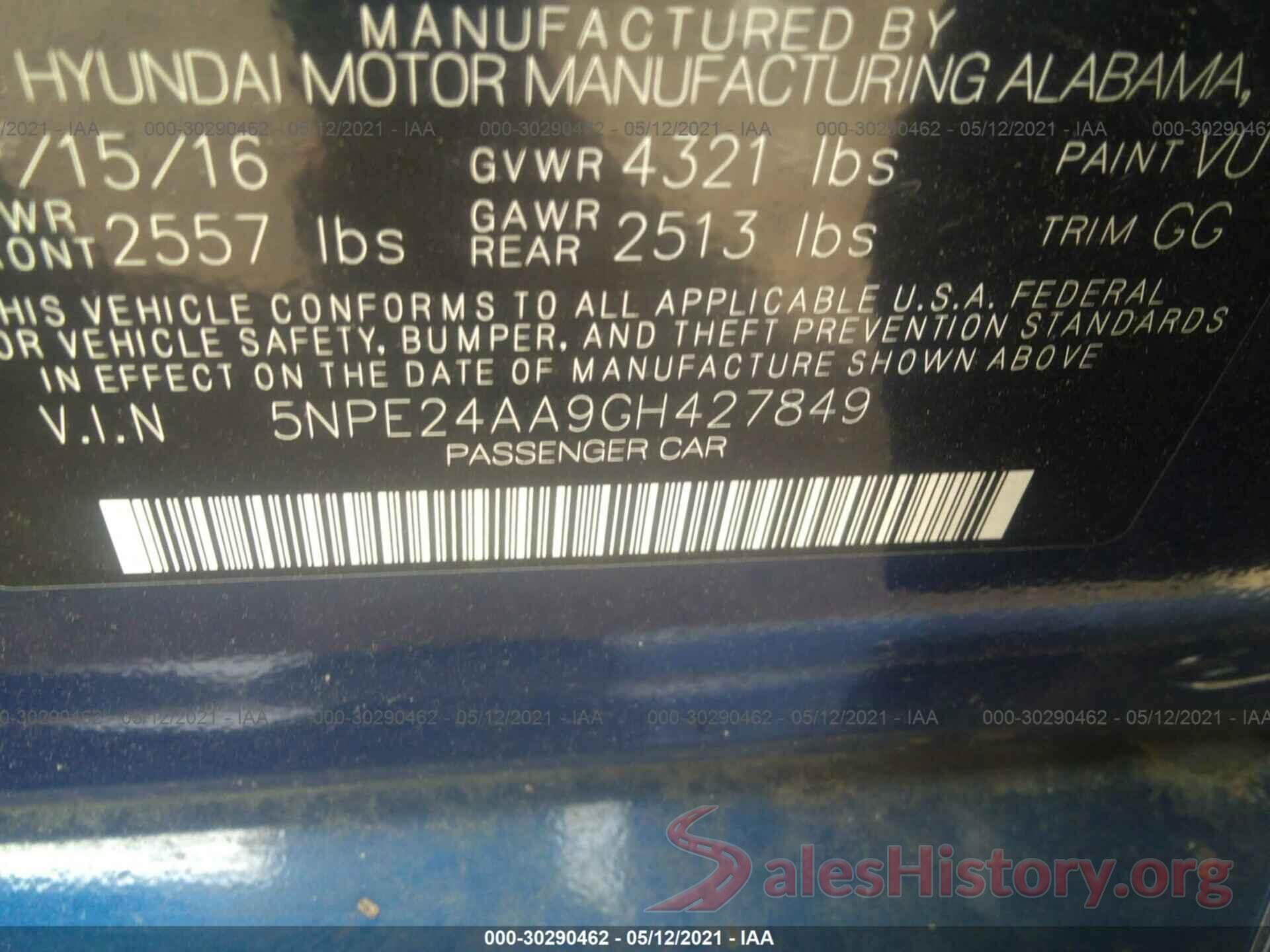 5NPE24AA9GH427849 2016 HYUNDAI SONATA