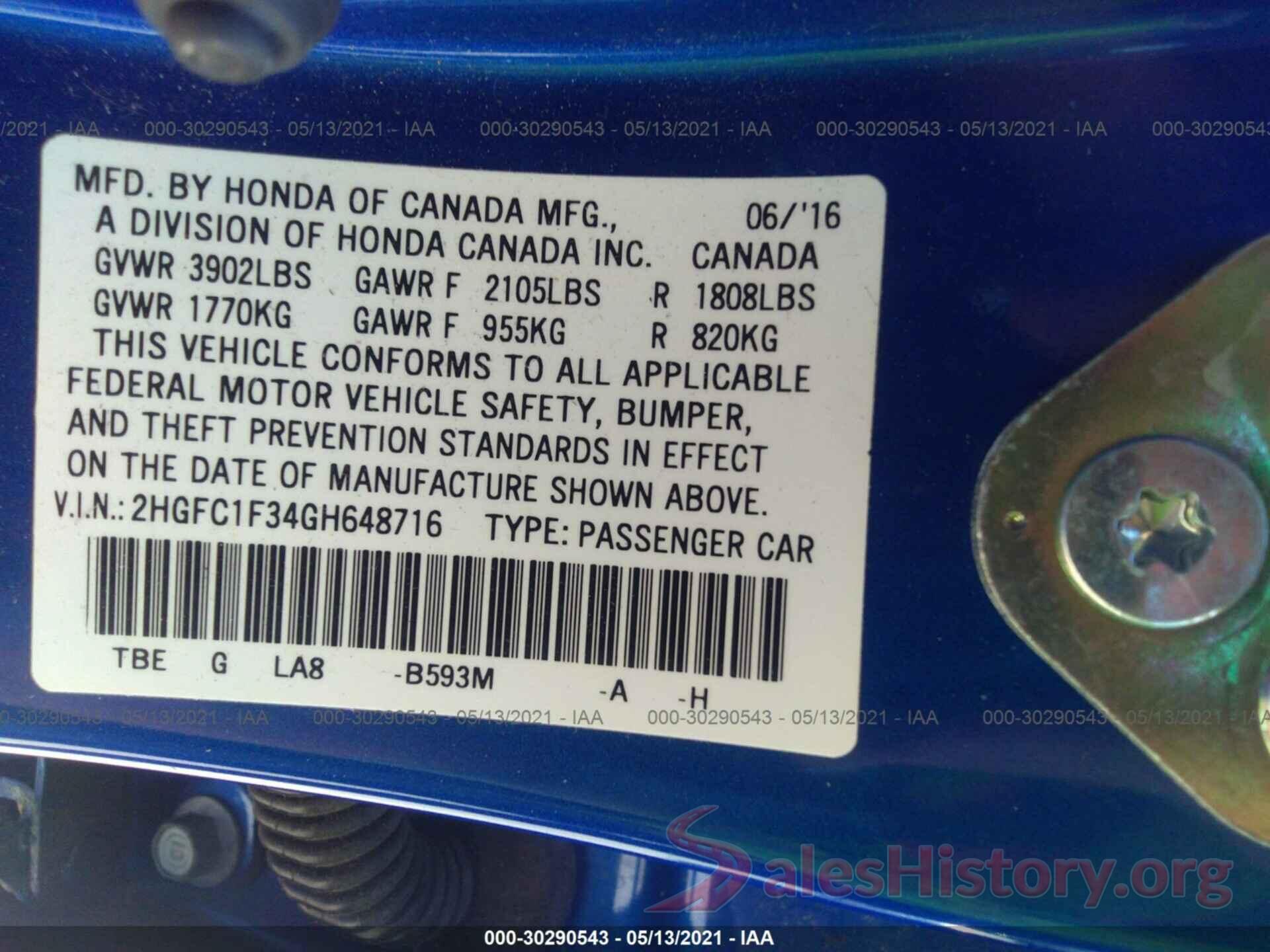 2HGFC1F34GH648716 2016 HONDA CIVIC SEDAN