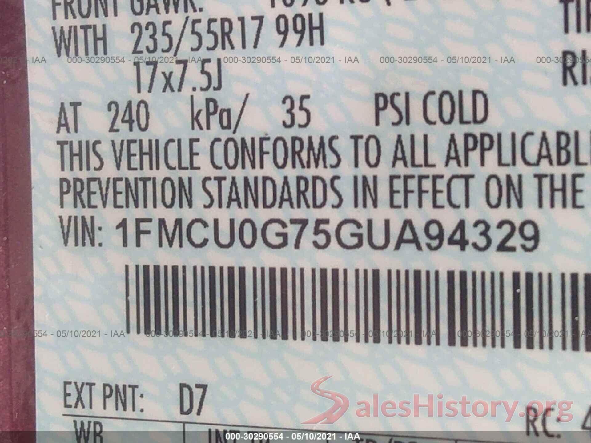 1FMCU0G75GUA94329 2016 FORD ESCAPE