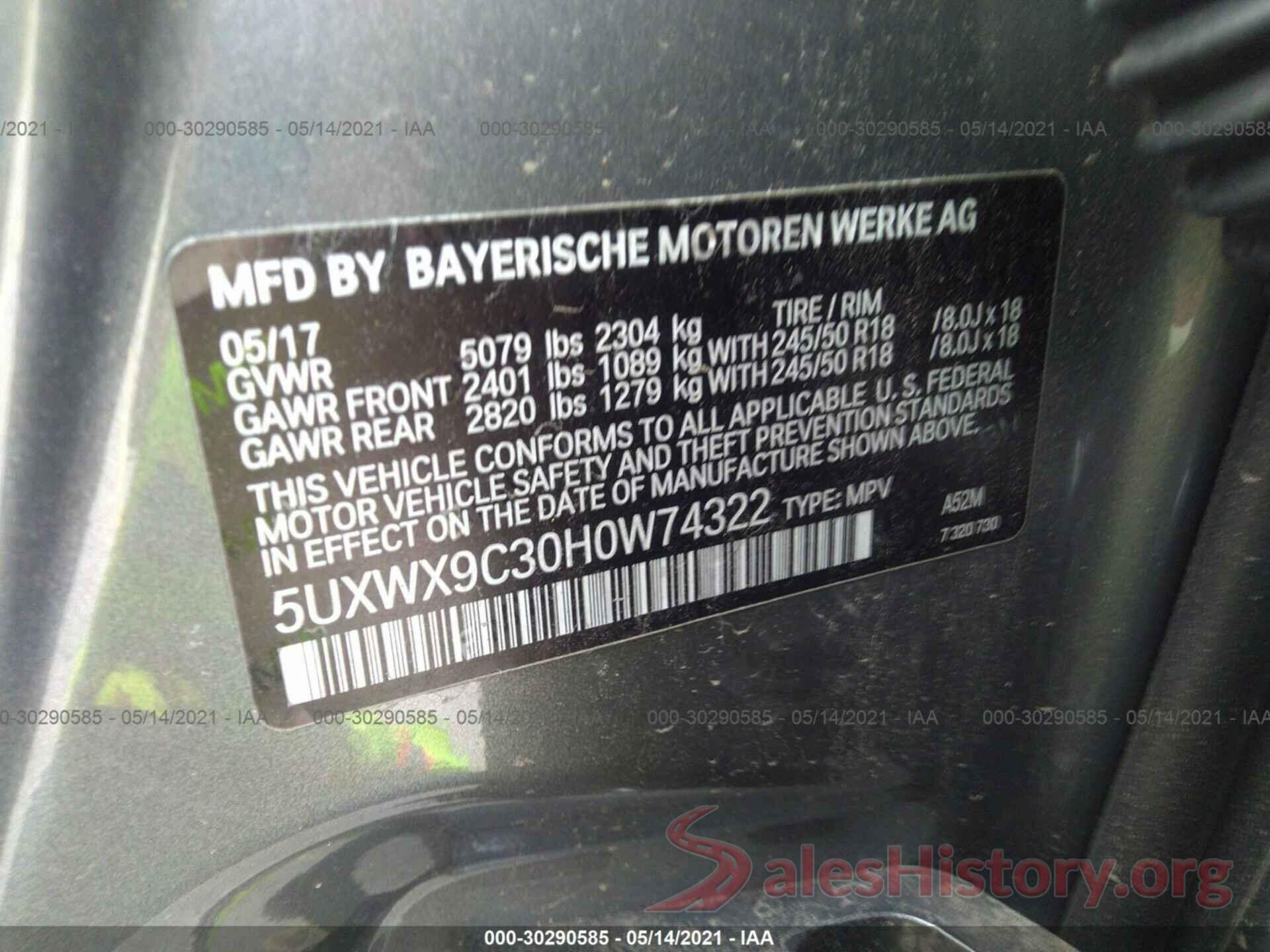 5UXWX9C30H0W74322 2017 BMW X3