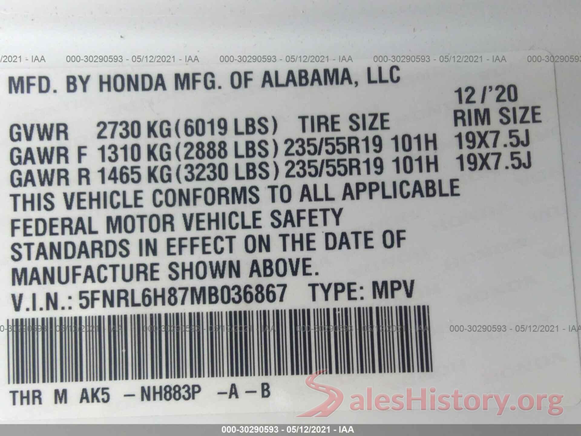 5FNRL6H87MB036867 2021 HONDA ODYSSEY