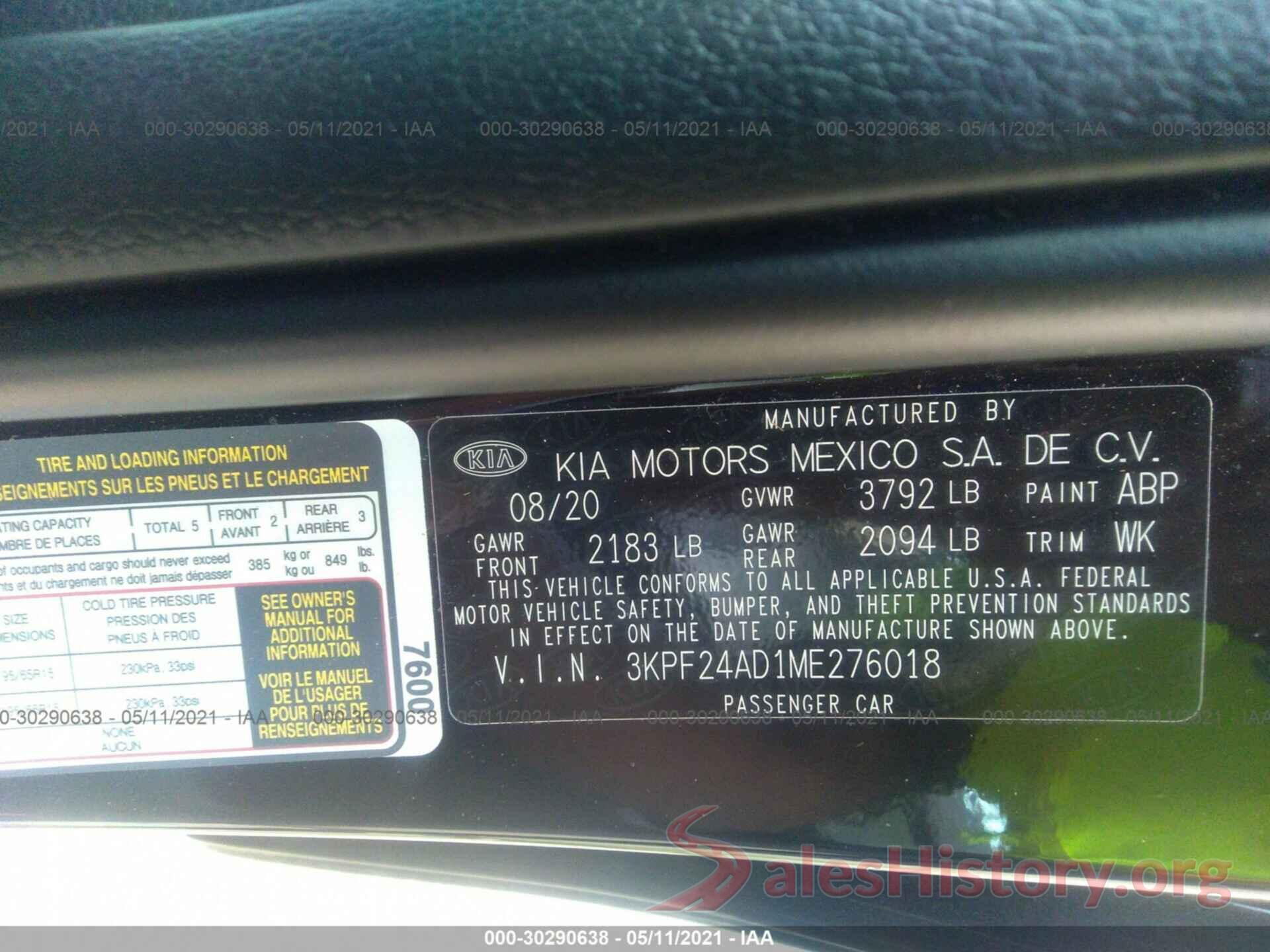 3KPF24AD1ME276018 2021 KIA FORTE