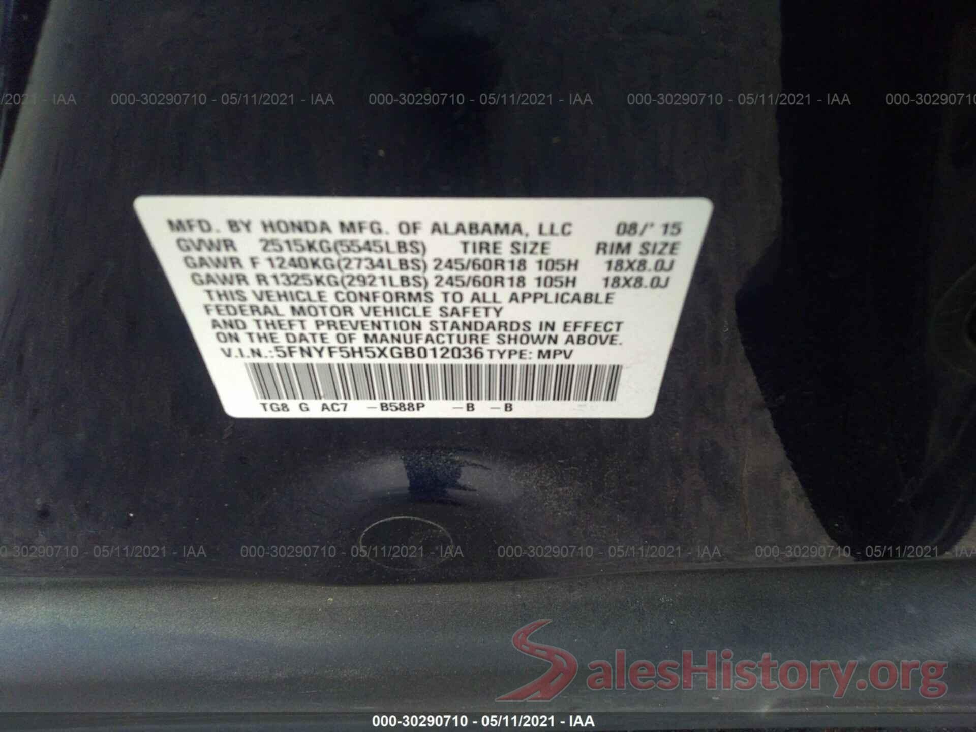 5FNYF5H5XGB012036 2016 HONDA PILOT