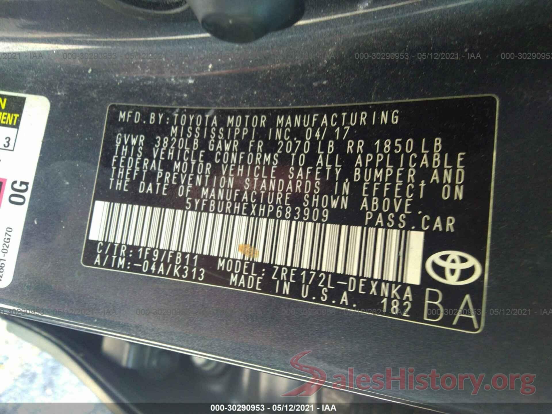 5YFBURHEXHP683909 2017 TOYOTA COROLLA