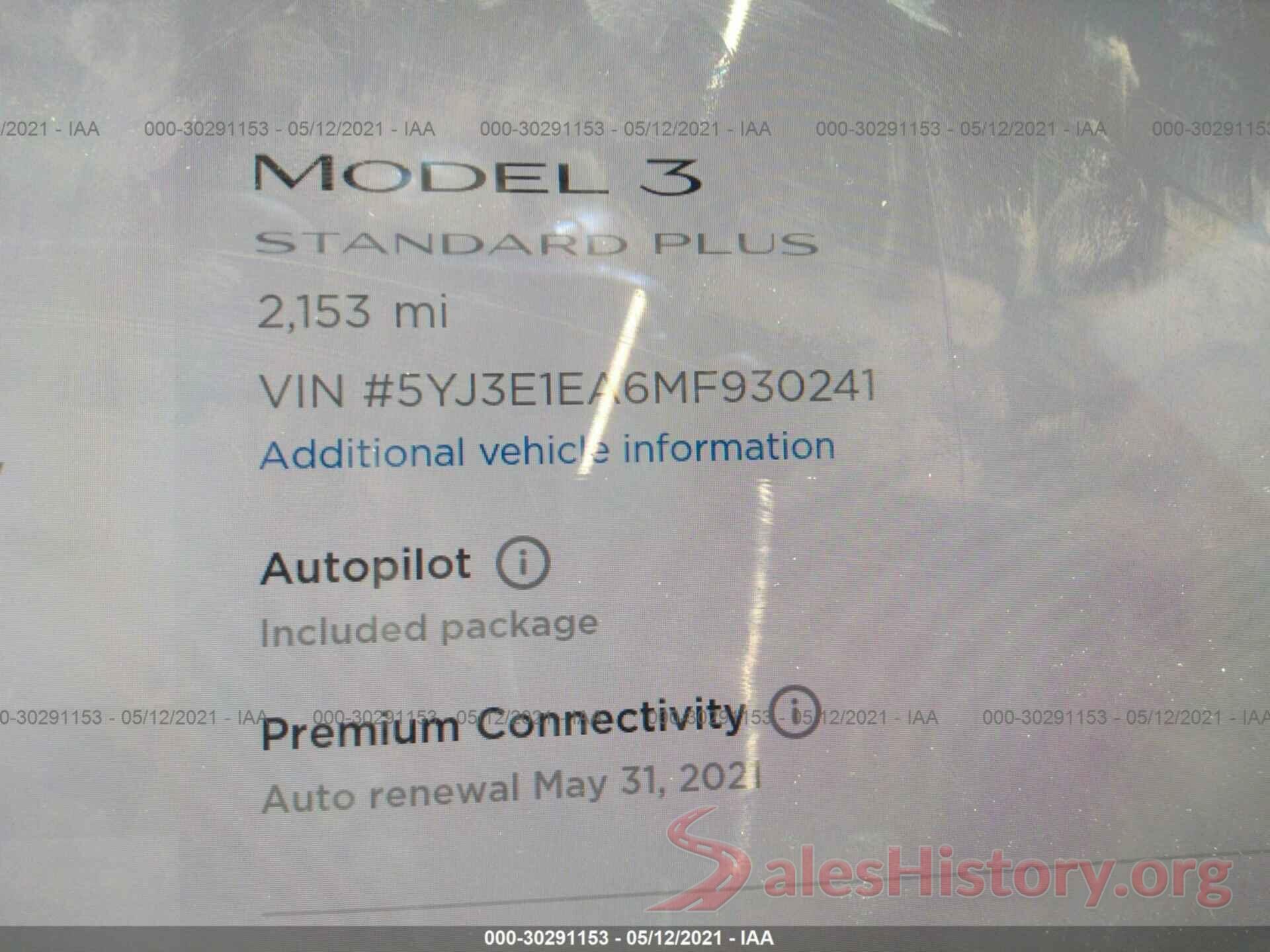 5YJ3E1EA6MF930241 2021 TESLA MODEL 3