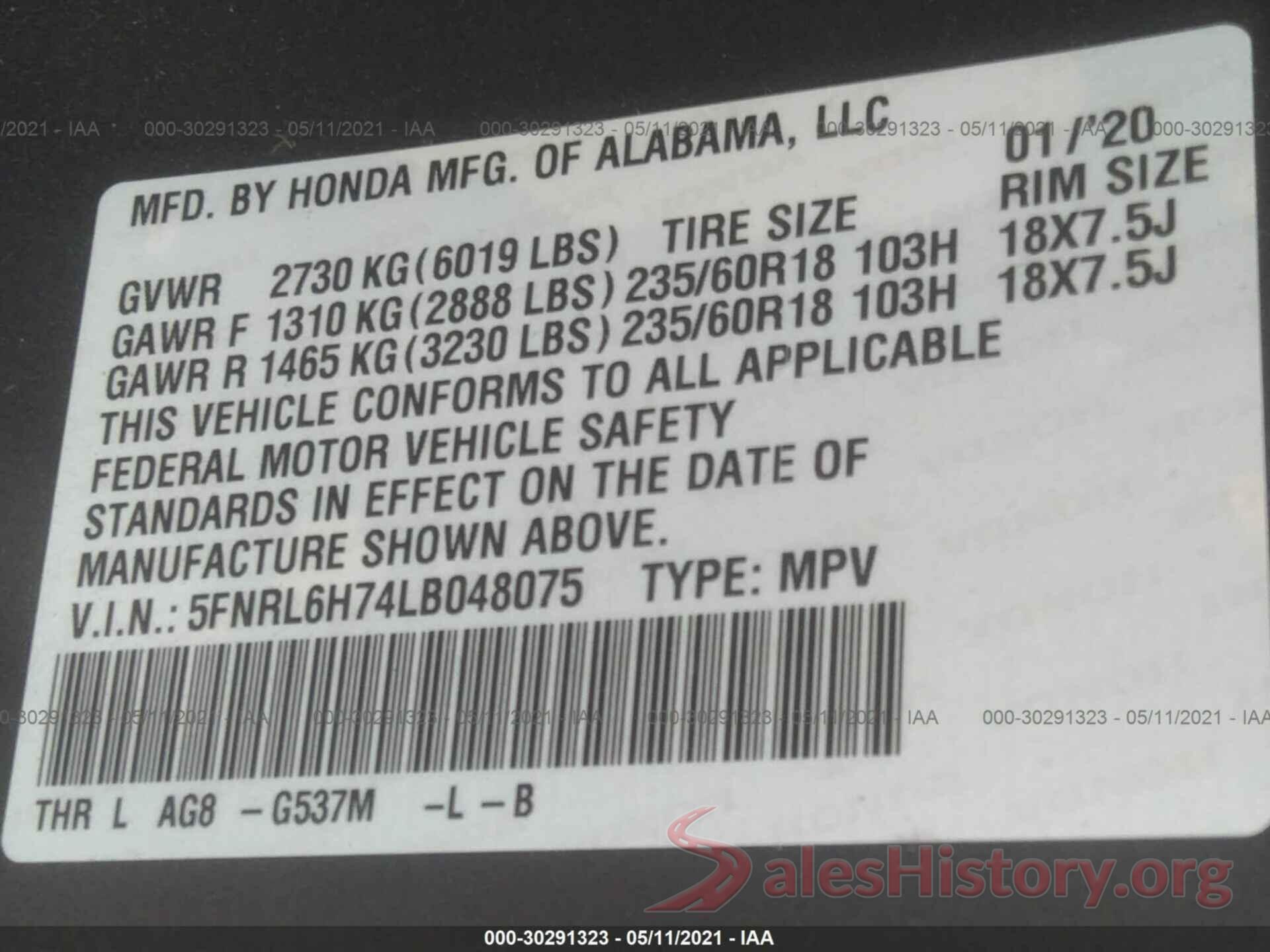 5FNRL6H74LB048075 2020 HONDA ODYSSEY