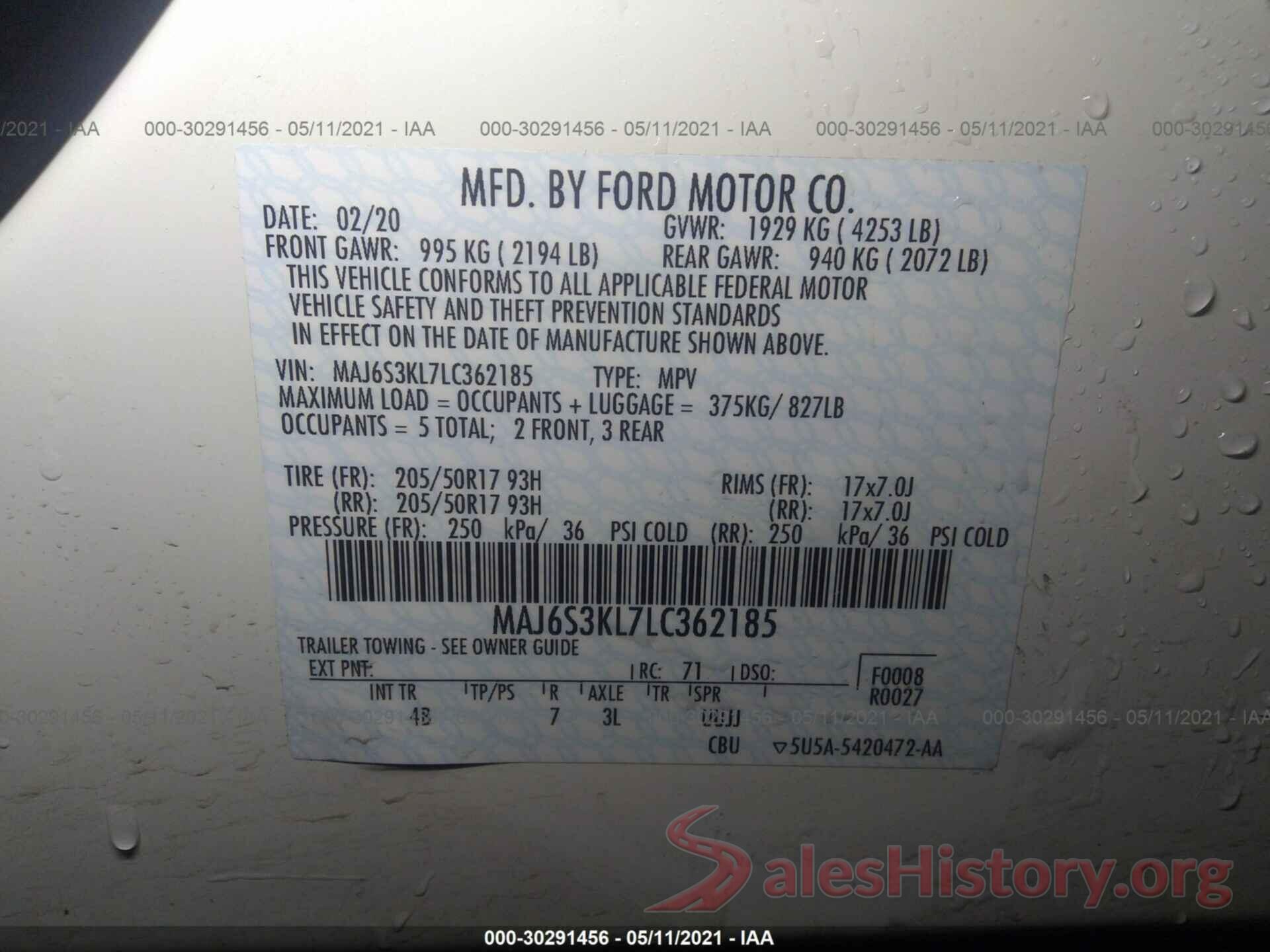 MAJ6S3KL7LC362185 2020 FORD ECOSPORT