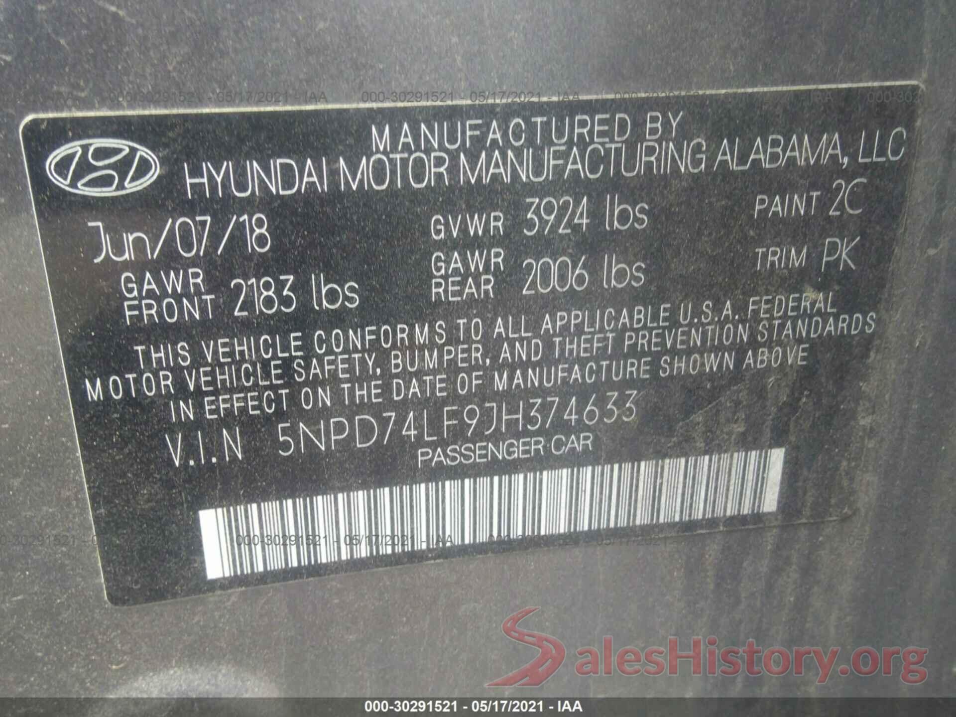 5NPD74LF9JH374633 2018 HYUNDAI ELANTRA