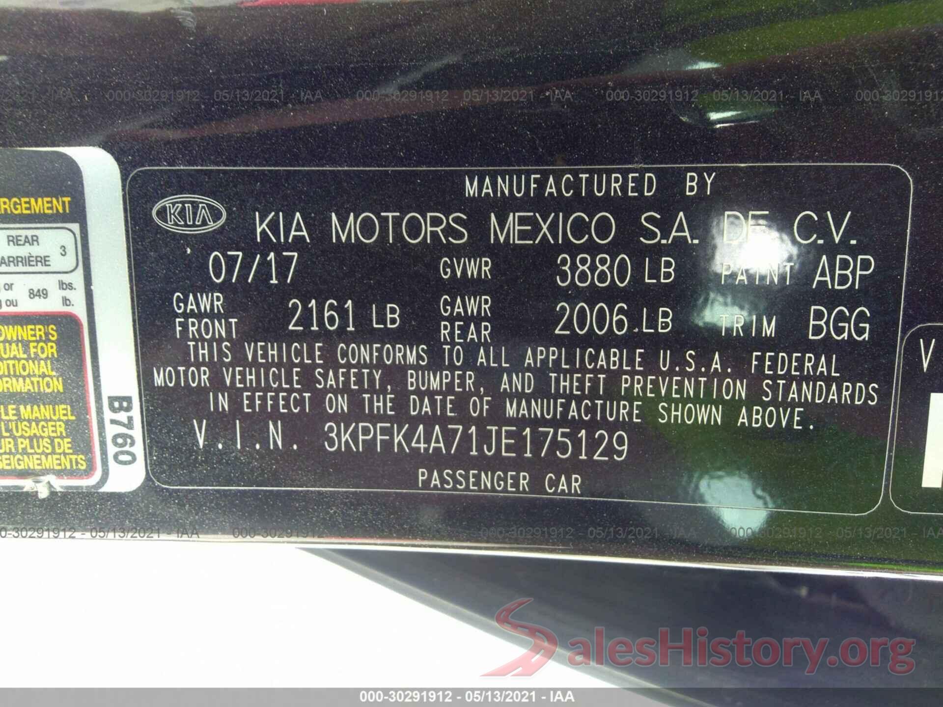 3KPFK4A71JE175129 2018 KIA FORTE