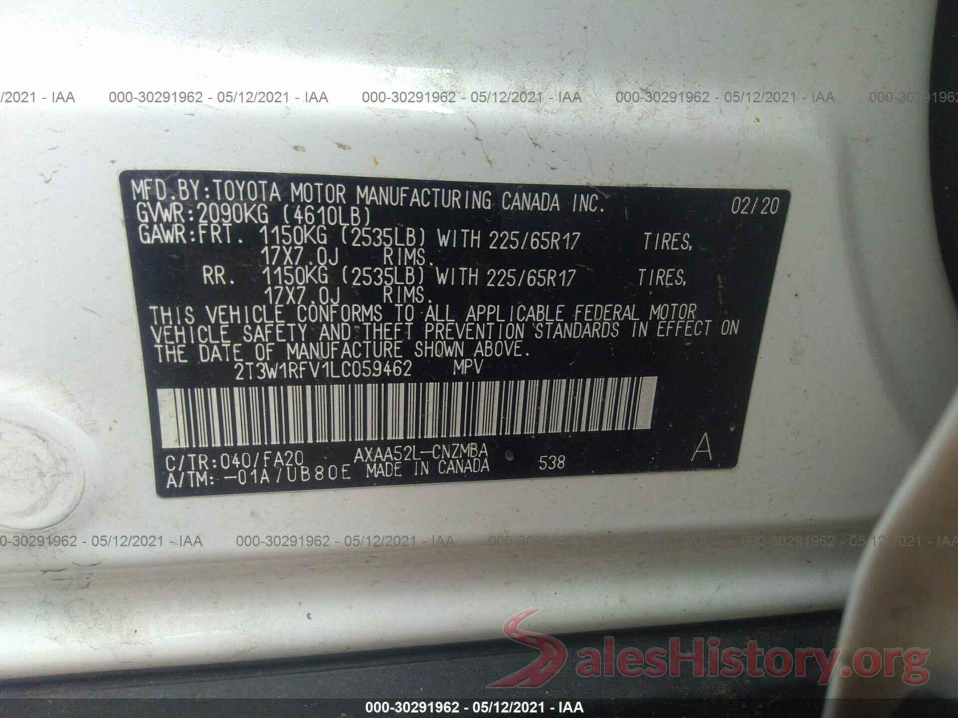 2T3W1RFV1LC059462 2020 TOYOTA RAV4