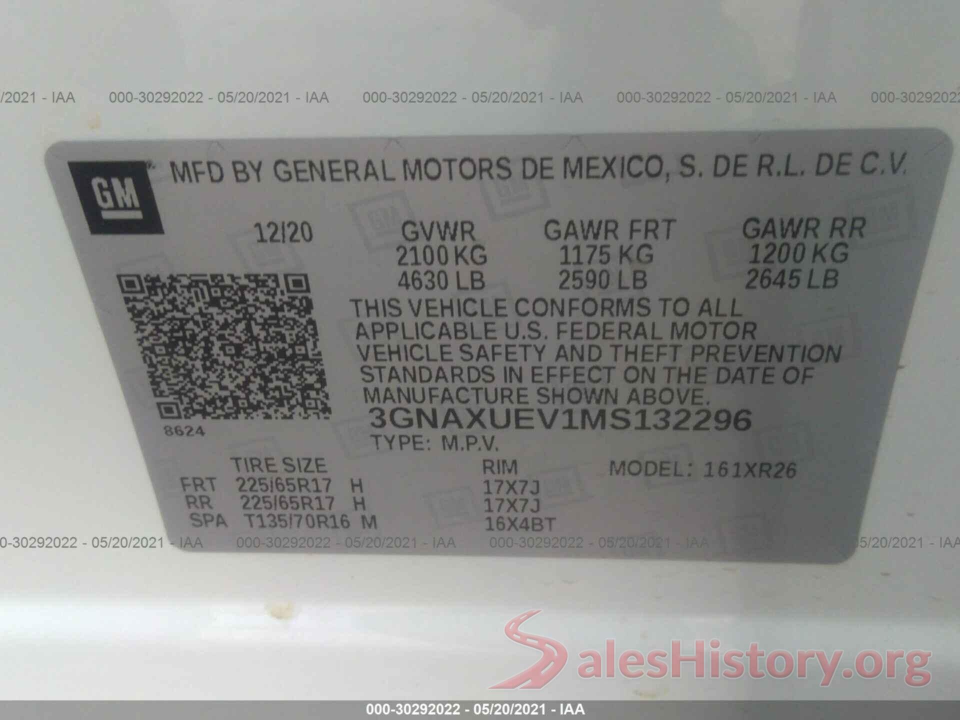 3GNAXUEV1MS132296 2021 CHEVROLET EQUINOX