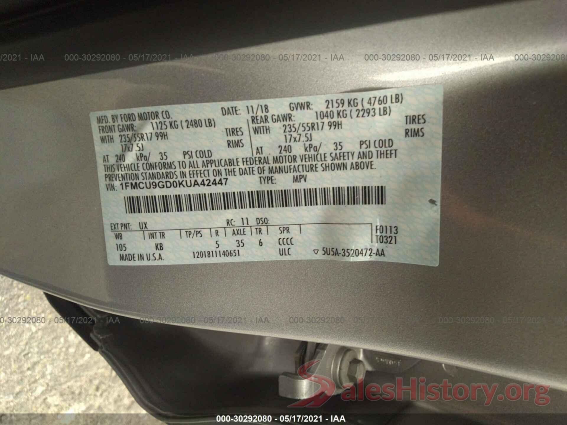 1FMCU9GD0KUA42447 2019 FORD ESCAPE