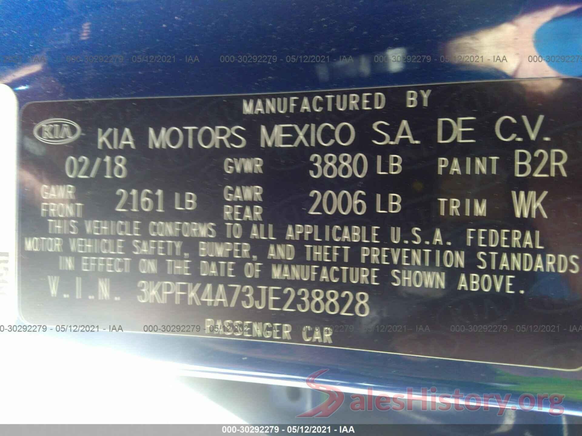 3KPFK4A73JE238828 2018 KIA FORTE