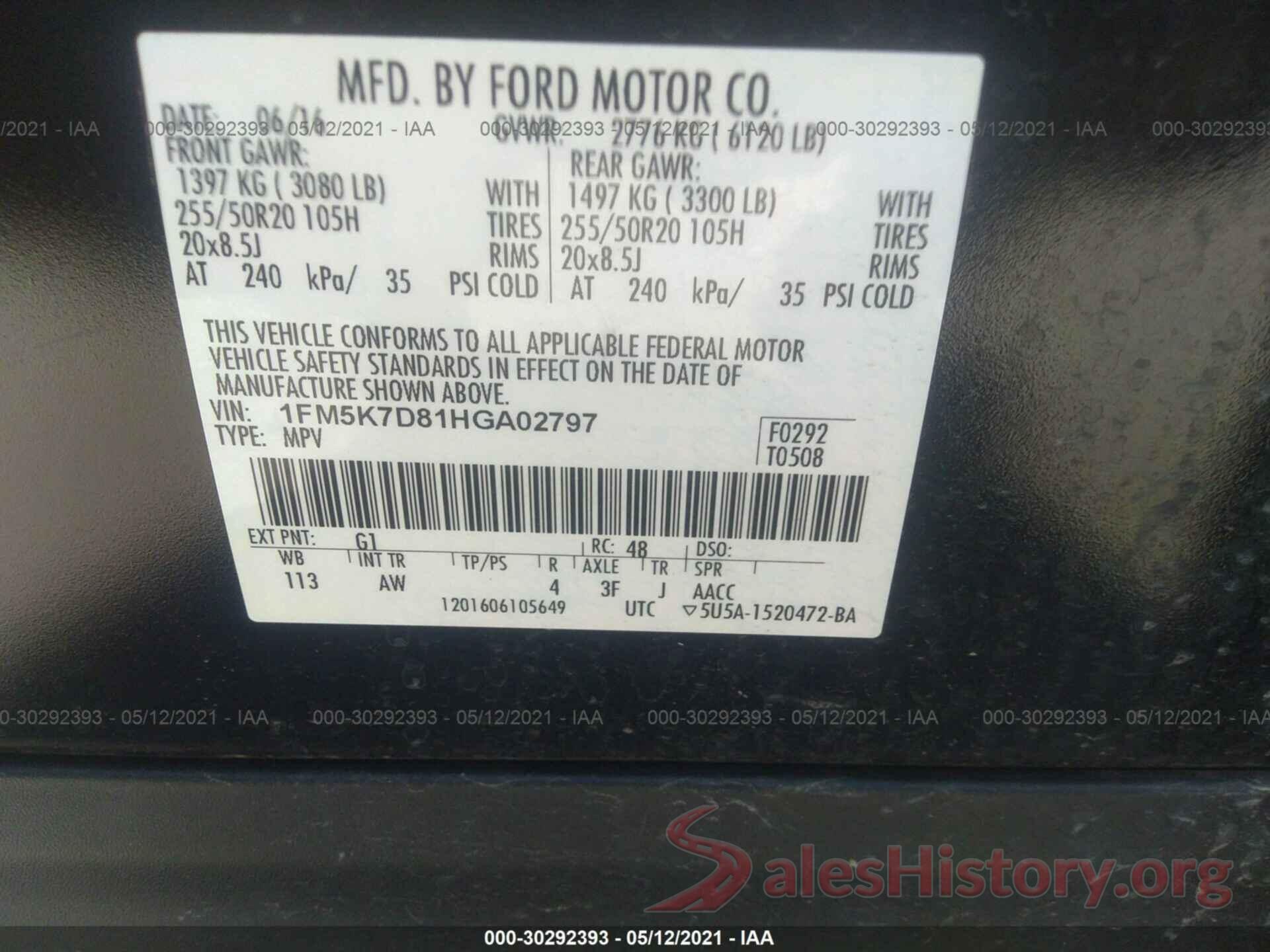 1FM5K7D81HGA02797 2017 FORD EXPLORER