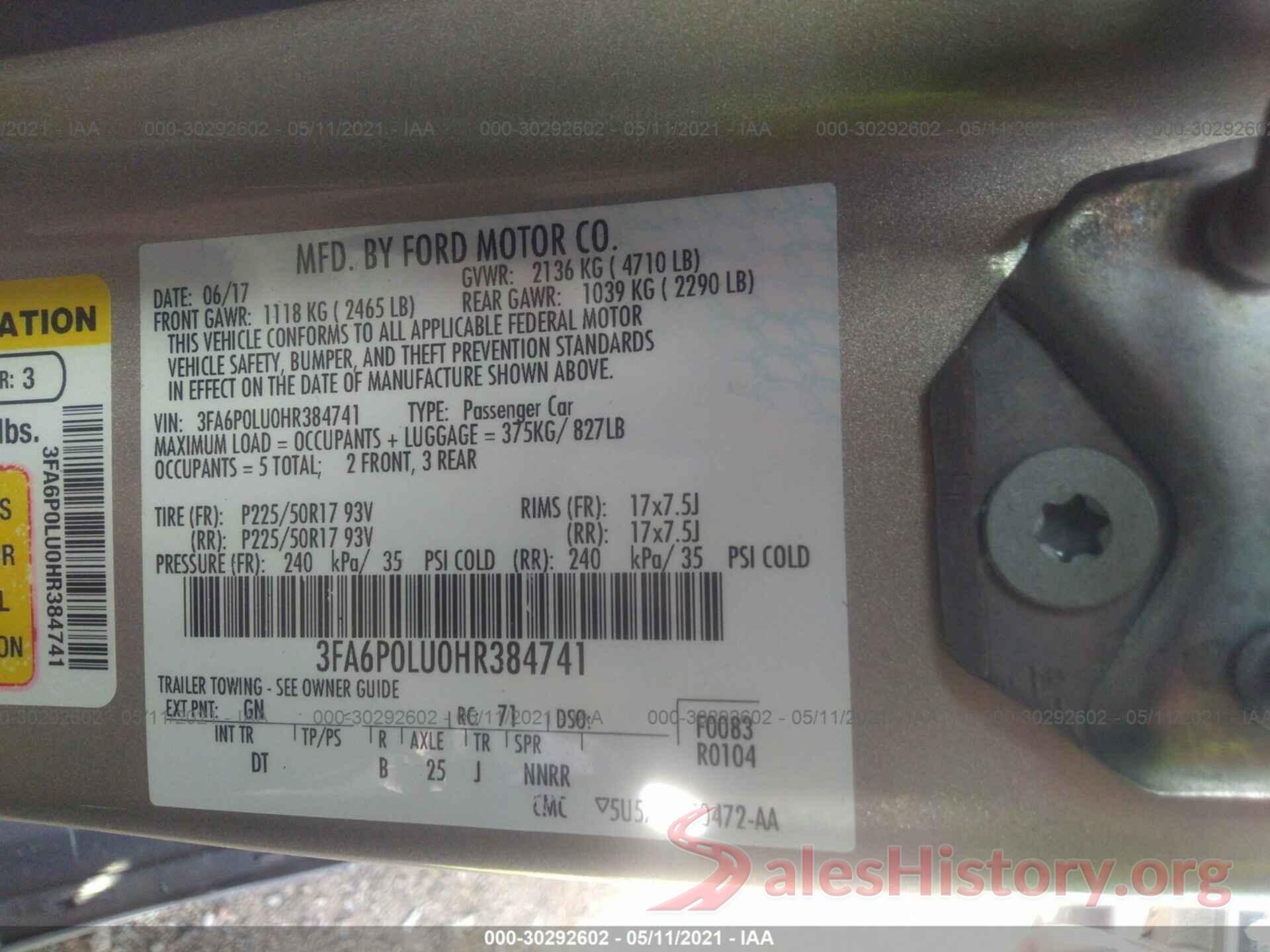 3FA6P0LU0HR384741 2017 FORD FUSION