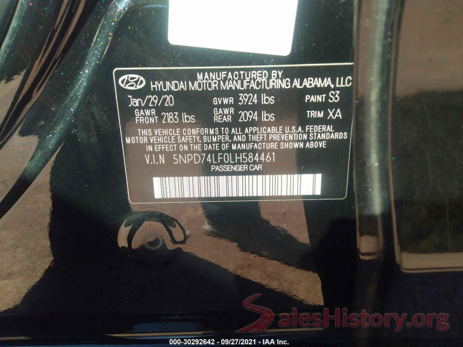 5NPD74LF0LH584461 2020 HYUNDAI ELANTRA