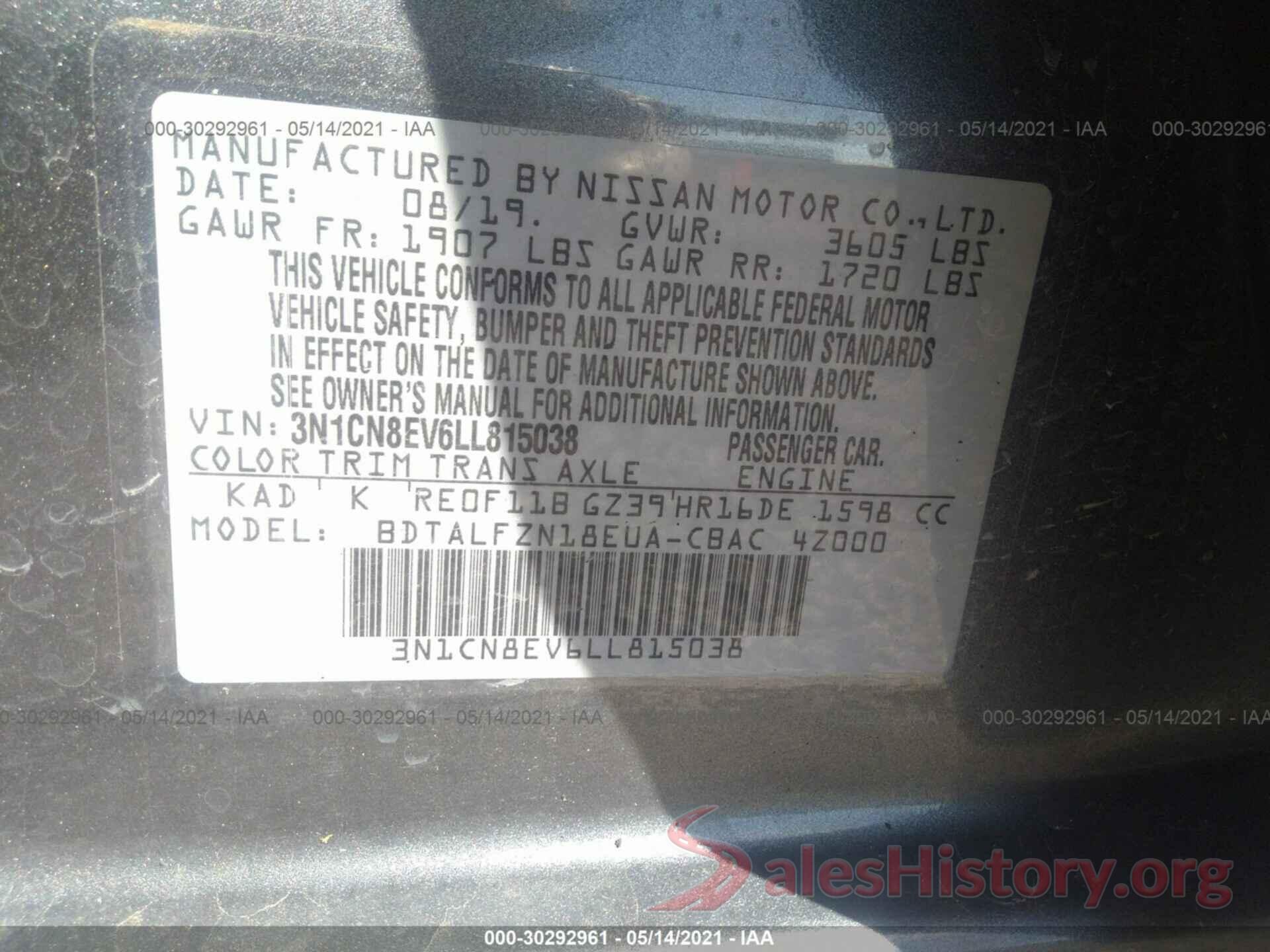 3N1CN8EV6LL815038 2020 NISSAN VERSA