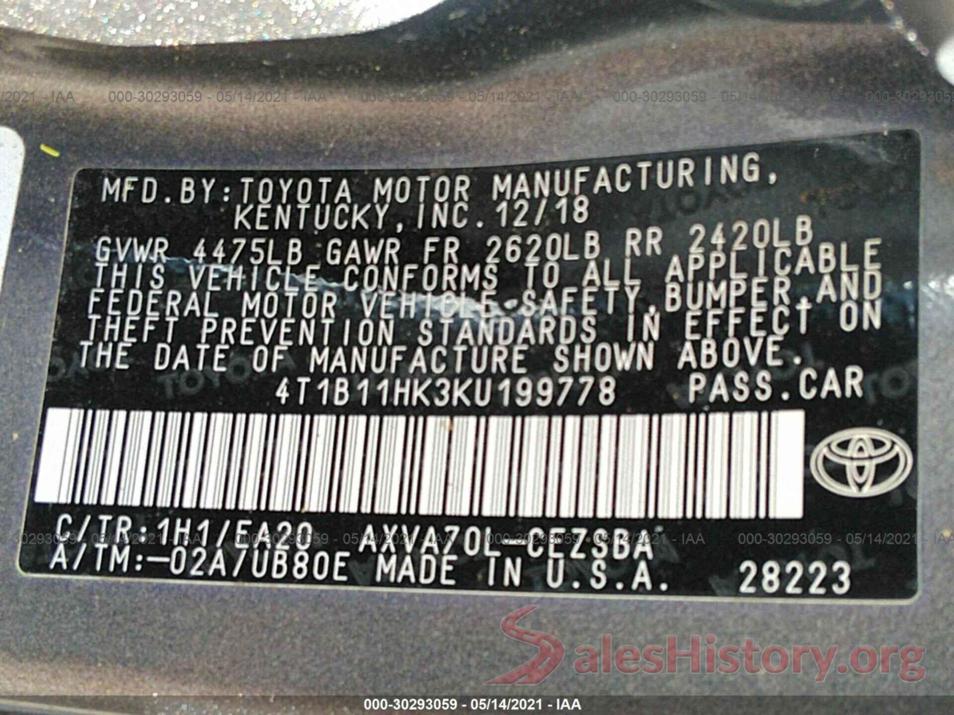 4T1B11HK3KU199778 2019 TOYOTA CAMRY