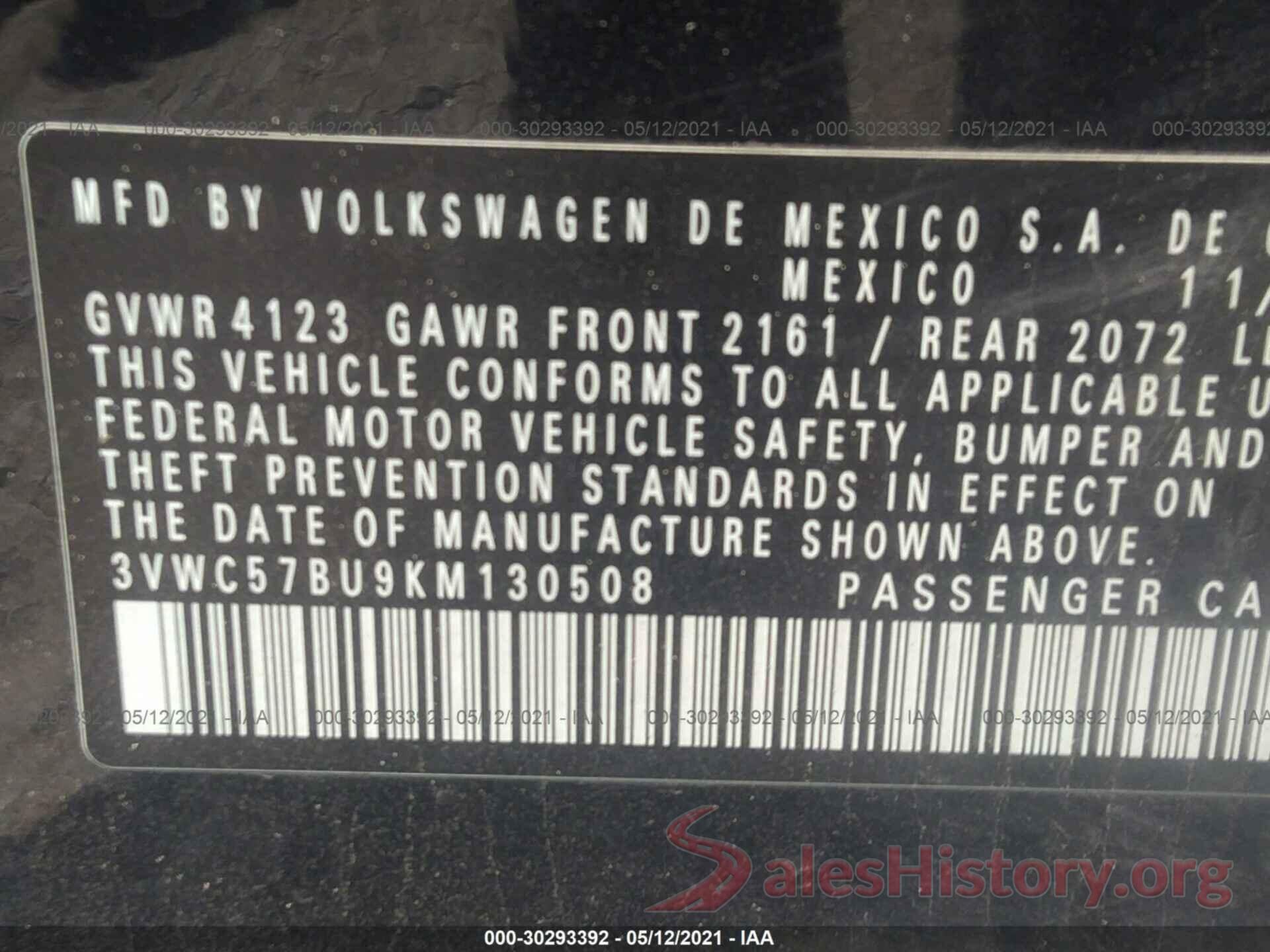 3VWC57BU9KM130508 2019 VOLKSWAGEN JETTA