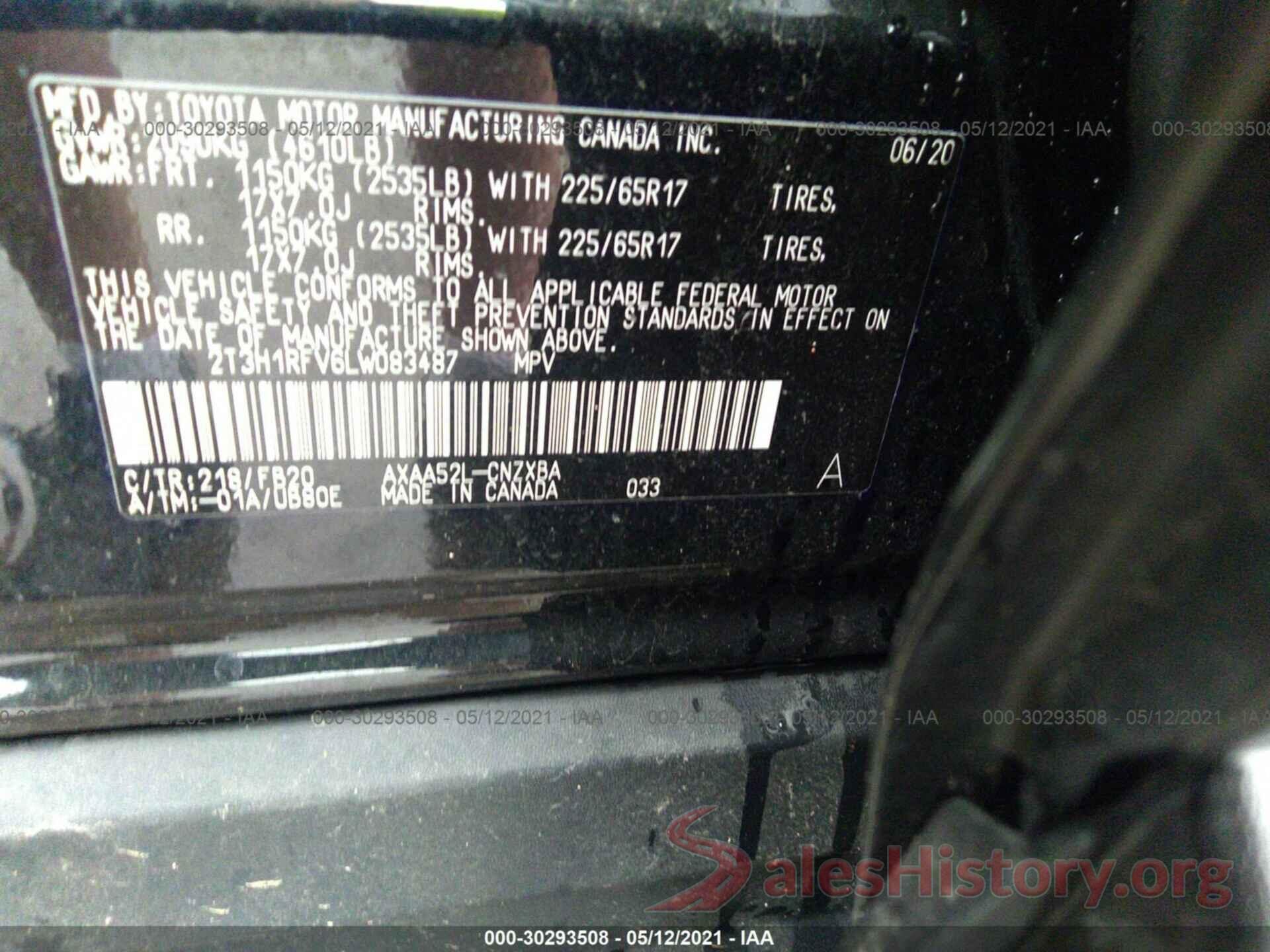 2T3H1RFV6LW083487 2020 TOYOTA RAV4