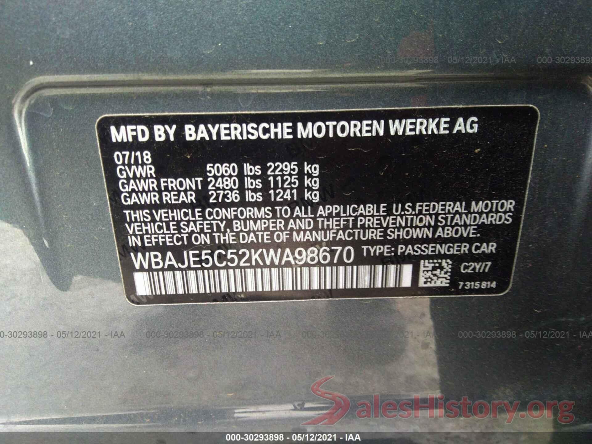 WBAJE5C52KWA98670 2019 BMW 5 SERIES