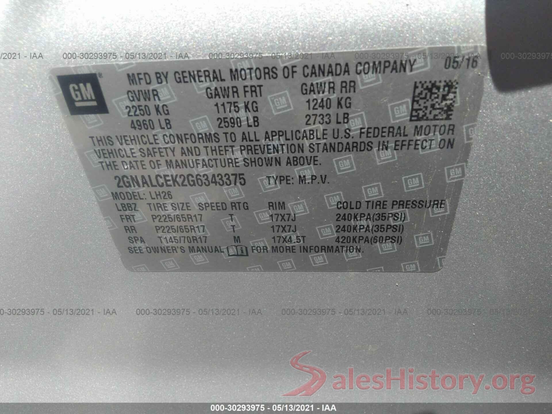 2GNALCEK2G6343375 2016 CHEVROLET EQUINOX