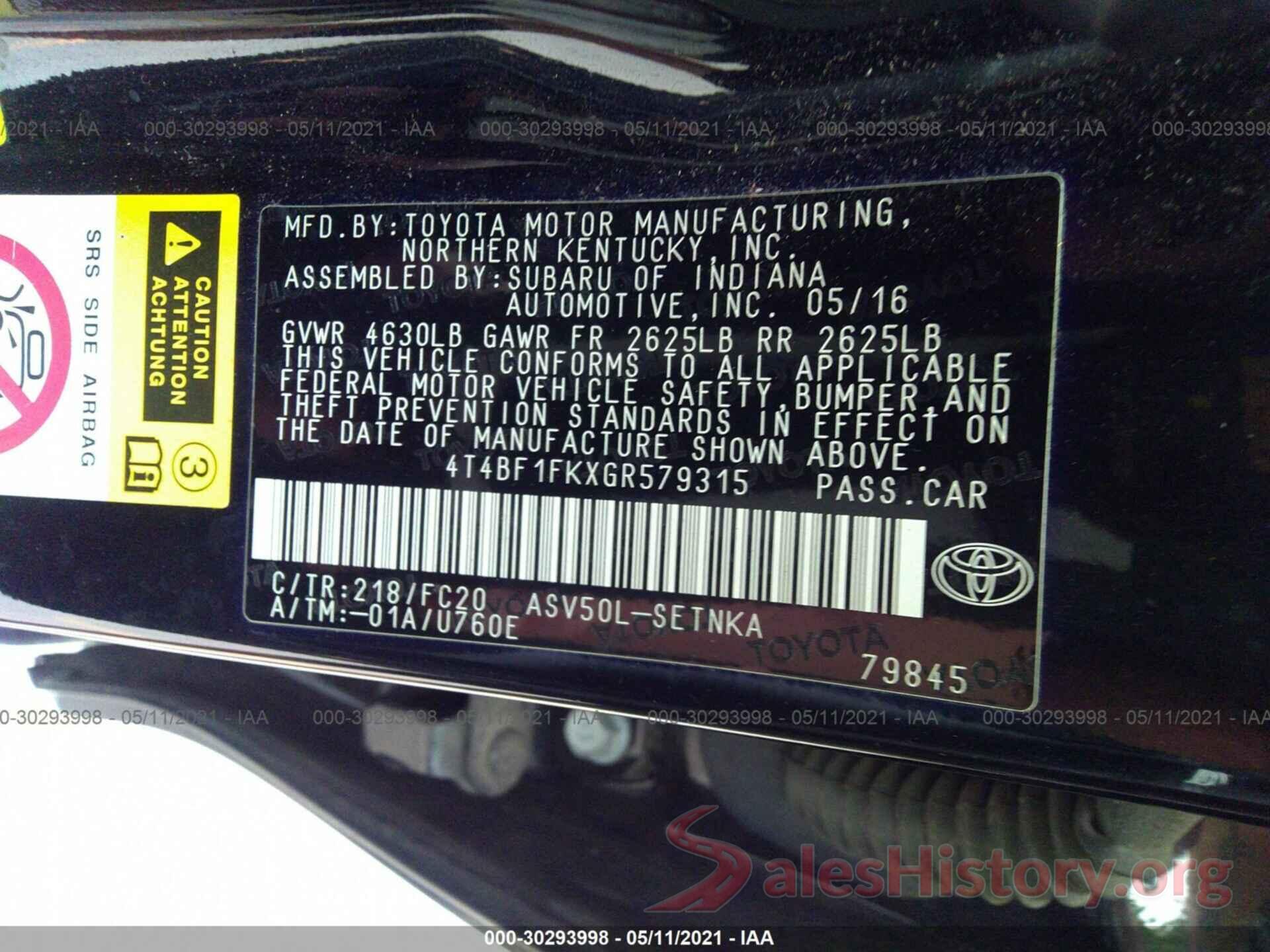 4T4BF1FKXGR579315 2016 TOYOTA CAMRY