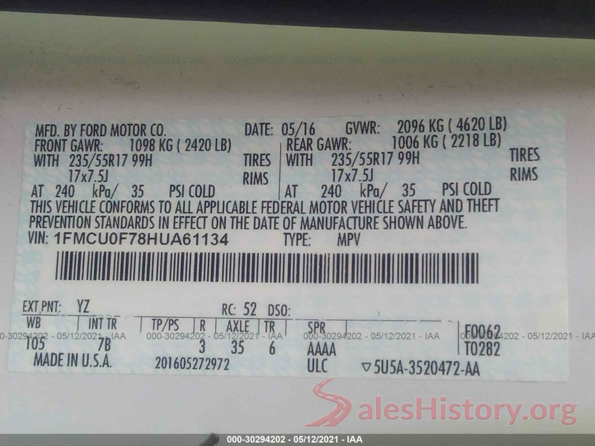 1FMCU0F78HUA61134 2017 FORD ESCAPE