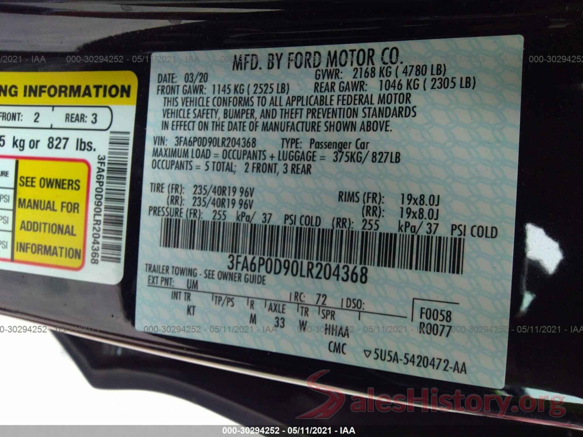 3FA6P0D90LR204368 2020 FORD FUSION