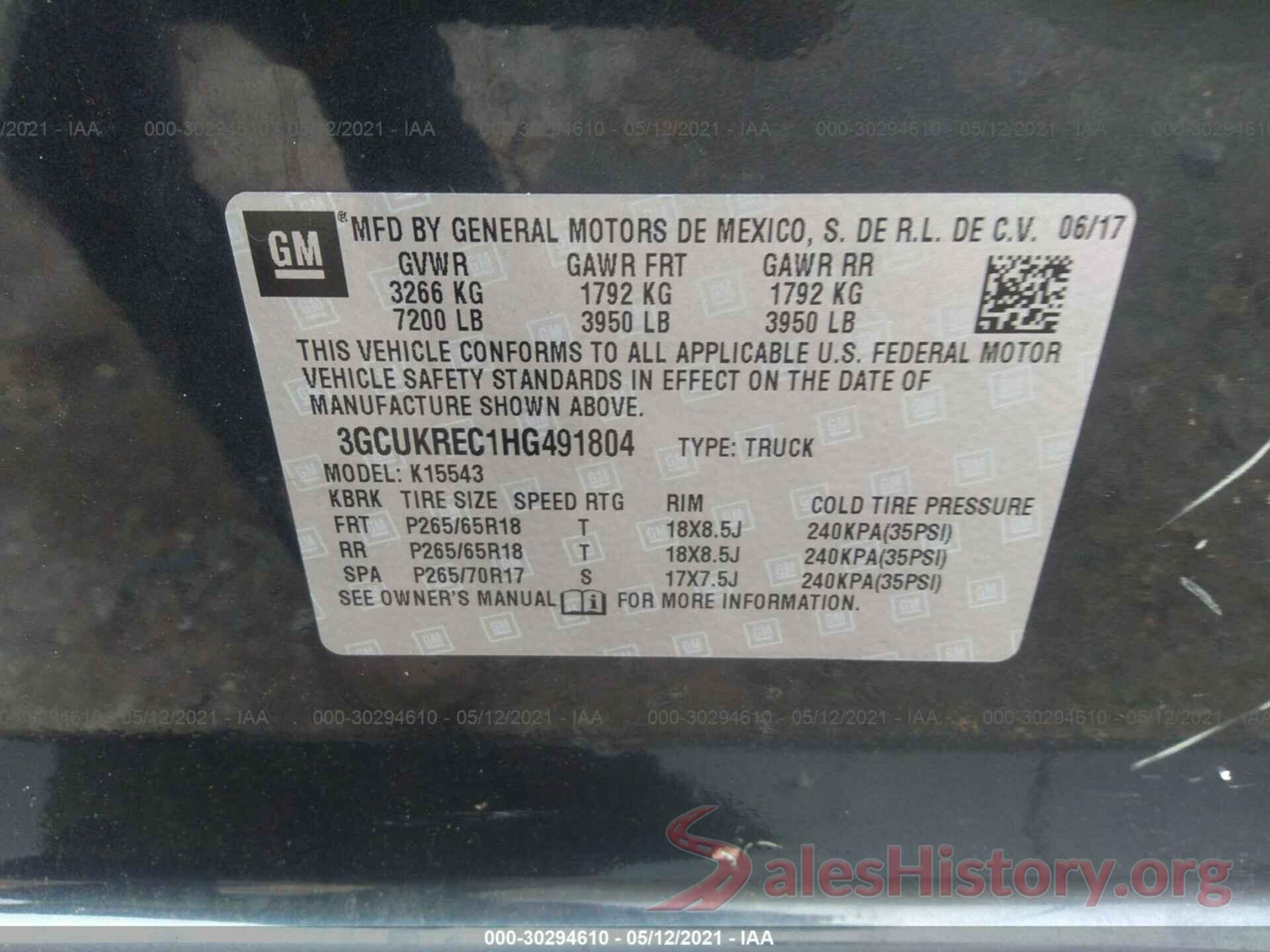 3GCUKREC1HG491804 2017 CHEVROLET SILVERADO 1500