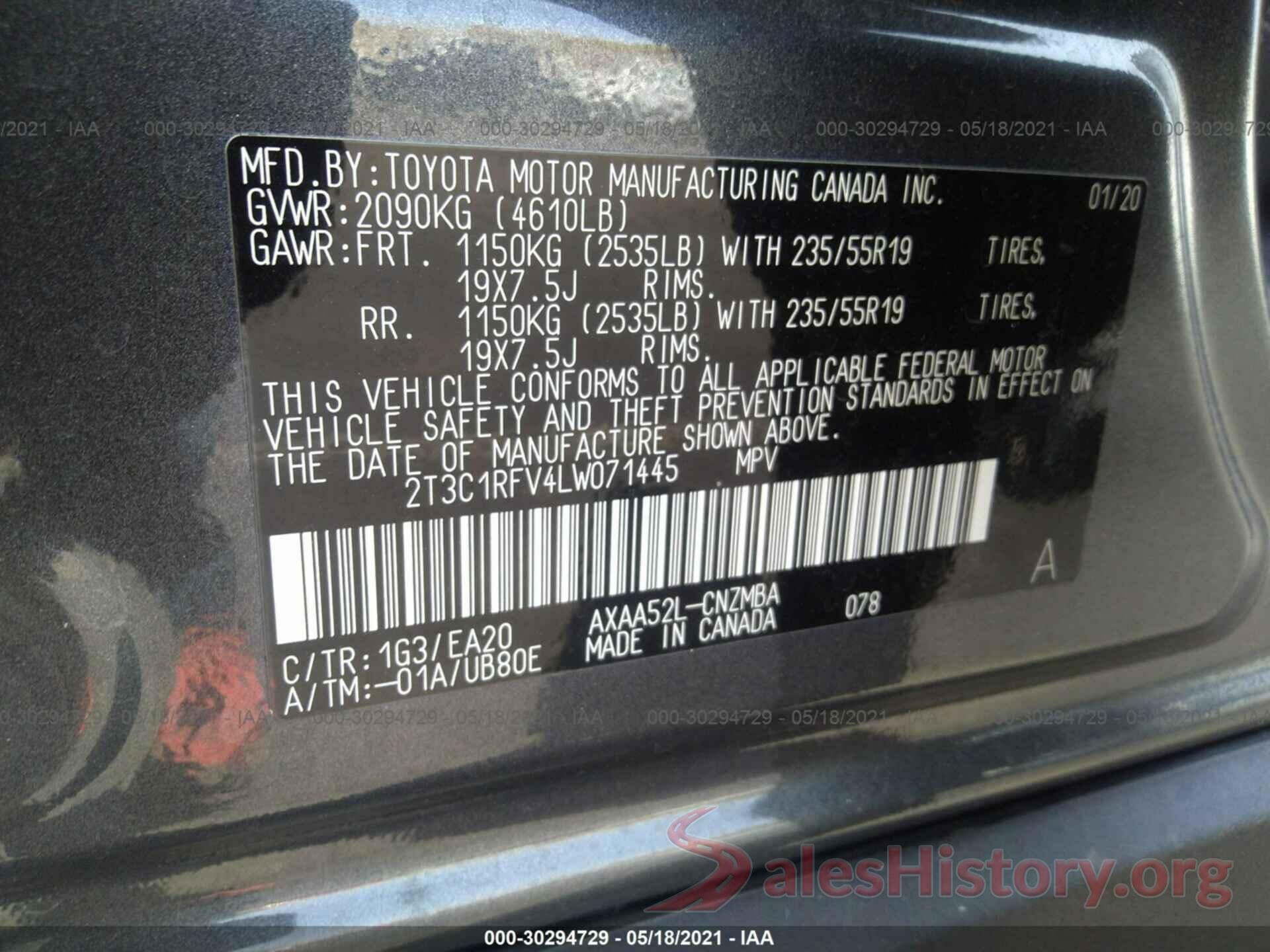 2T3C1RFV4LW071445 2020 TOYOTA RAV4